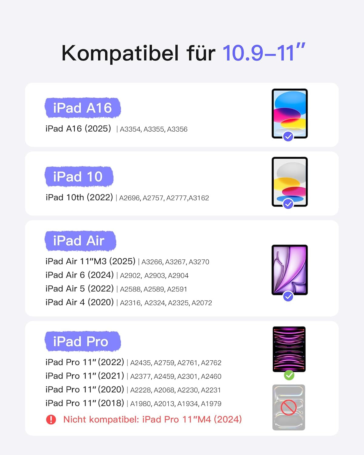 Inateck Ultraleichte Hülle Mit Tastatur Für Ipad 10 Gen,11 Gen. A16 2025 11 Zoll,Ipad Air 11" M3/M2 (2025/2024),Air 5/4,Pro 11 4/3/2/1,7-Farbiger Beleuchtung,Mit Stifthalter,Qwertz,Airtap BK2007-RGB