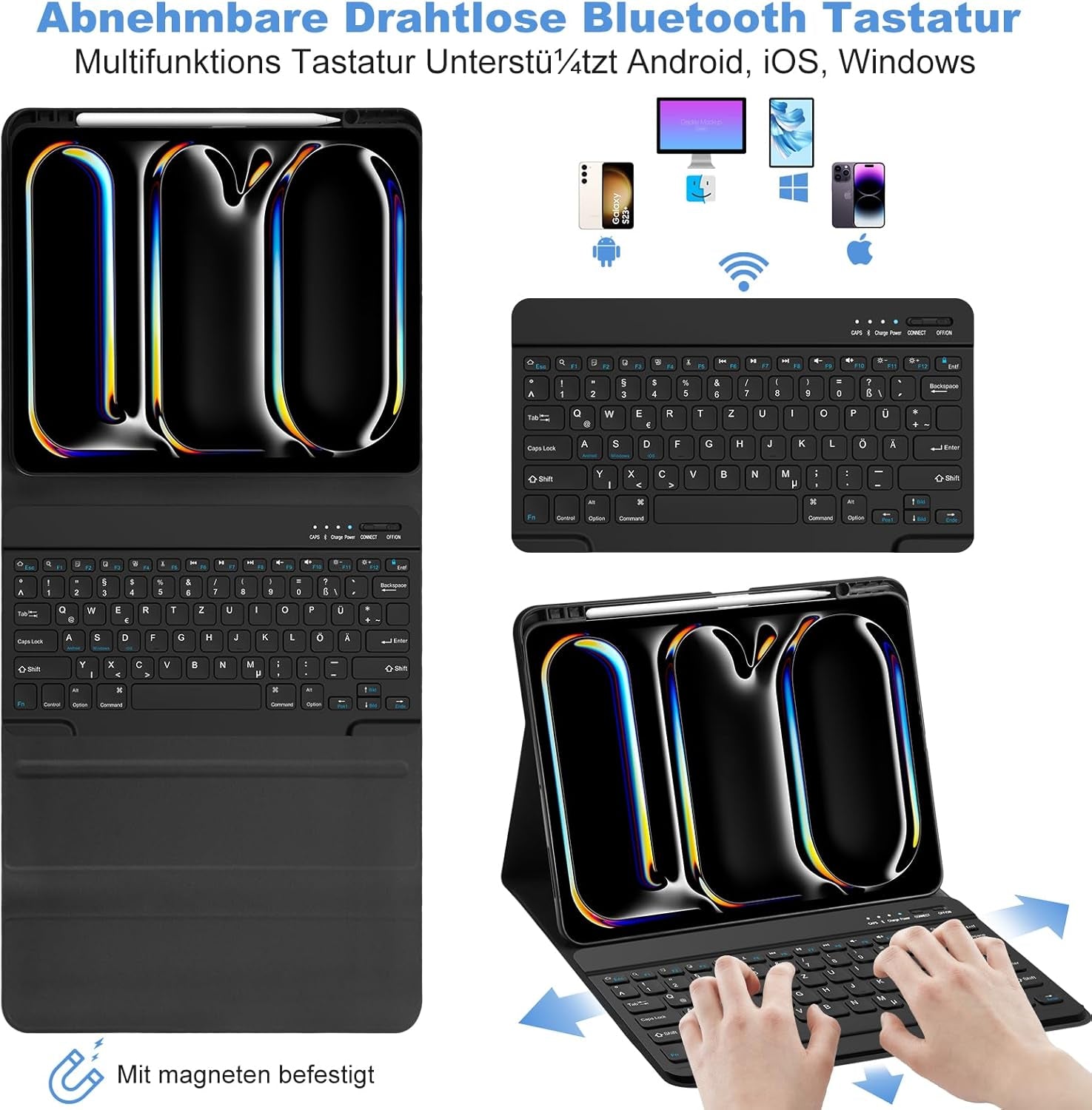 GAOJIE Tastatur Hülle Für Ipad Pro 13 Zoll (M4) 2024, Schutzhülle Mit Bleistifthalter, QWERTZ Deutsches Abnehmbarer Kabellose Tastatur Für Ipad Pro 13 Zoll A2925 A2926 A3007(Schwarz)