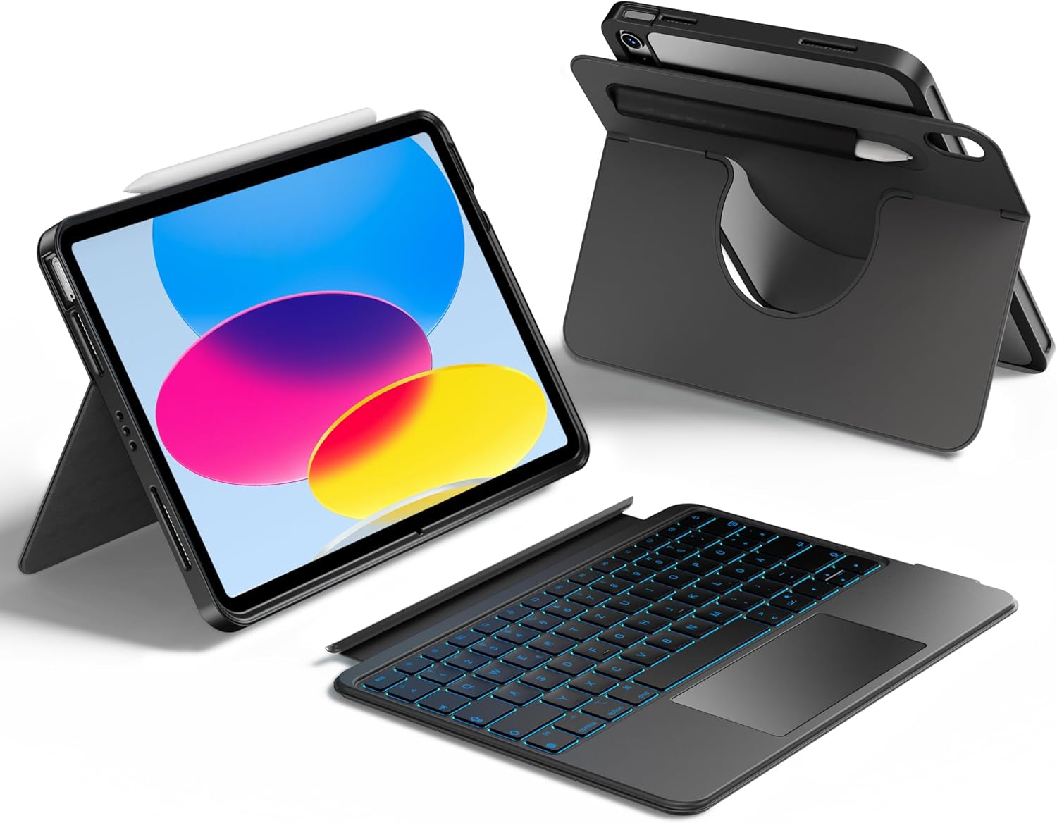 HOU Ipad 11. A16/10. Generation Case Mit Tastatur, Drehbare Und Abnehmbare Tastatur Für Ipad 11''/10, Elastische Stifthalterung, Vollschutzhülle, 7-Farben Hintergrundbeleuchtung, Multi-Touch Trackpad