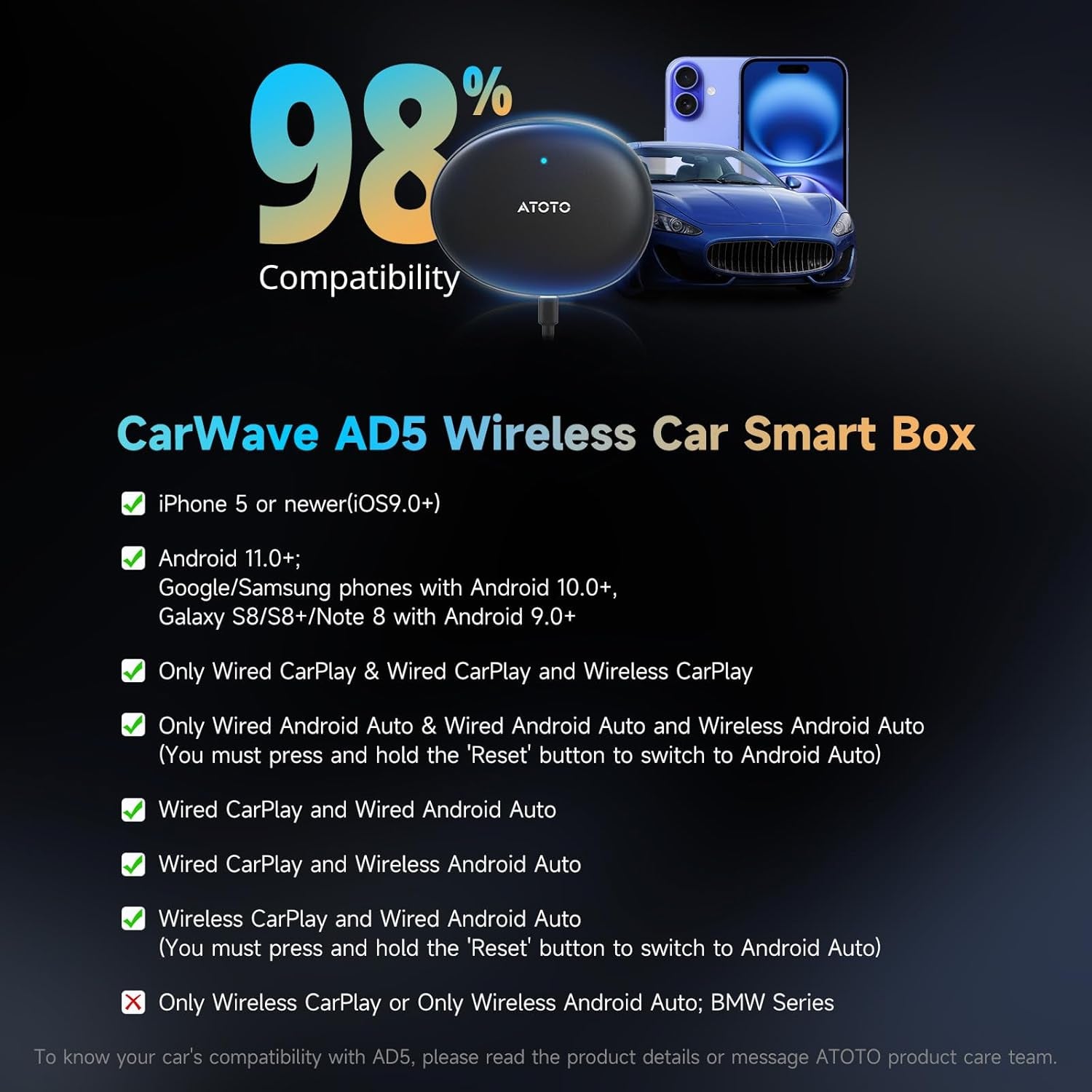 AD5 Wireless Carplay Adapter & Android Auto Adapter, Plug & Play Car Video Box, 2025 Upgrade Ai Box Carplay Dongle Mit Netflix, Youtube, Dual Wi-Fi, Bluetooth, Chatgpt, Grauschwarz