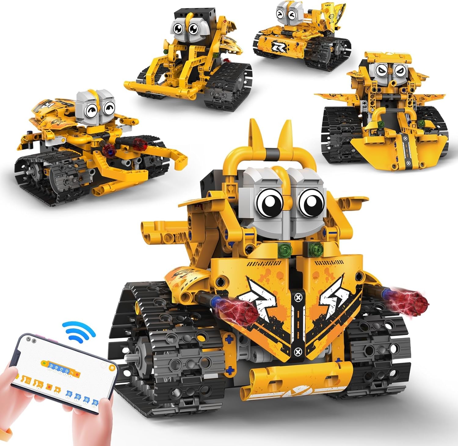 Ferngesteuerter Bausteinroboter, Ferngesteuerter Mehrfach-Wechselbaustein-Jedi-Rettungsteam, 5-In-1-App Und Ferngesteuerter Roboterpanzer-Geländewagen (Gelb)