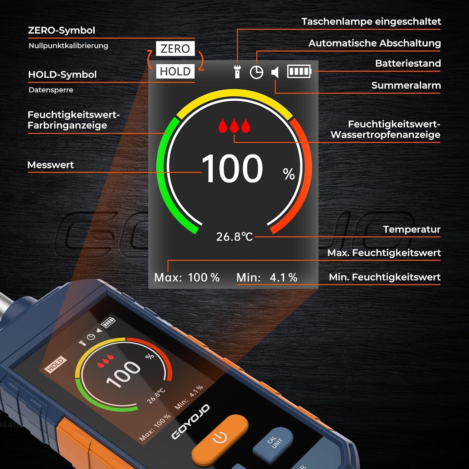 Feuchtigkeitsmessgerät, GOYOJO Holzfeuchtemessgerät Mit Lcd-Bildschirm Und Akustischem Alarm, Wiederaufladbare Feuchtigkeitsmesser Für Holz Brennholz Und Papier, Nachweis Von 5 Bis 40 Mm
