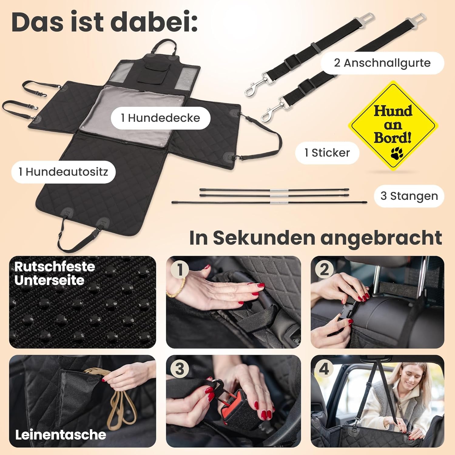 Hunde Autositz Für Rückbank Mit Flauschiger Zusatzdecke - Hundedecke Für Kleine, Mittlere Hunde - Sicherheitsgurte in 2 Versch. Längen - Wasserdicht & Robust