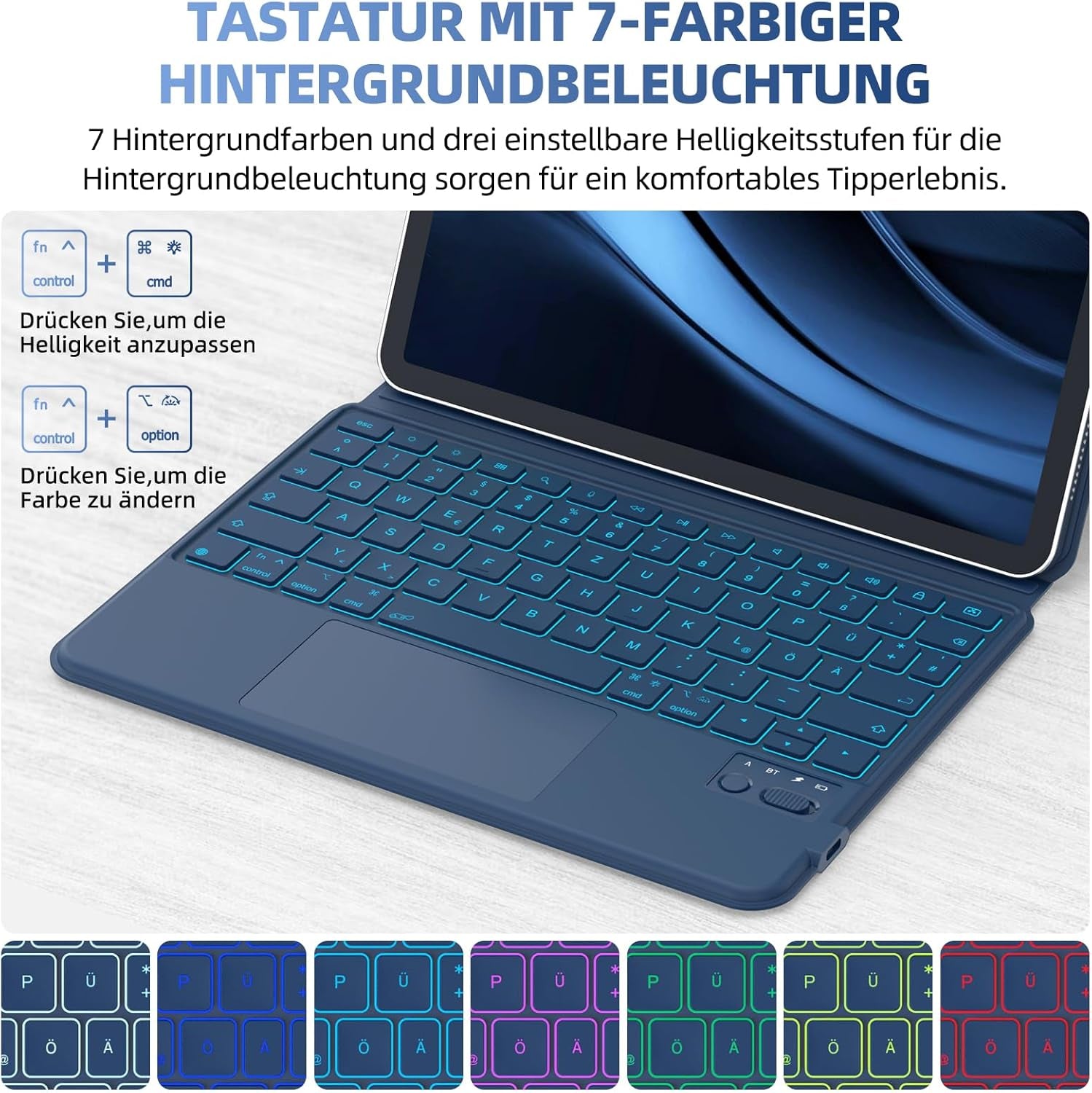 Magnetische Tastatur Hülle Für Ipad Pro 11″(2024 M4),Tastaturhülle Für Ipad Pro 11″ 5.Gen M4,Verstellbares Hoch-/Querformat,Multi-Touch-Trackpad Und 7-Farbige Beleuchtete Tastatur,Qwertz-Blau