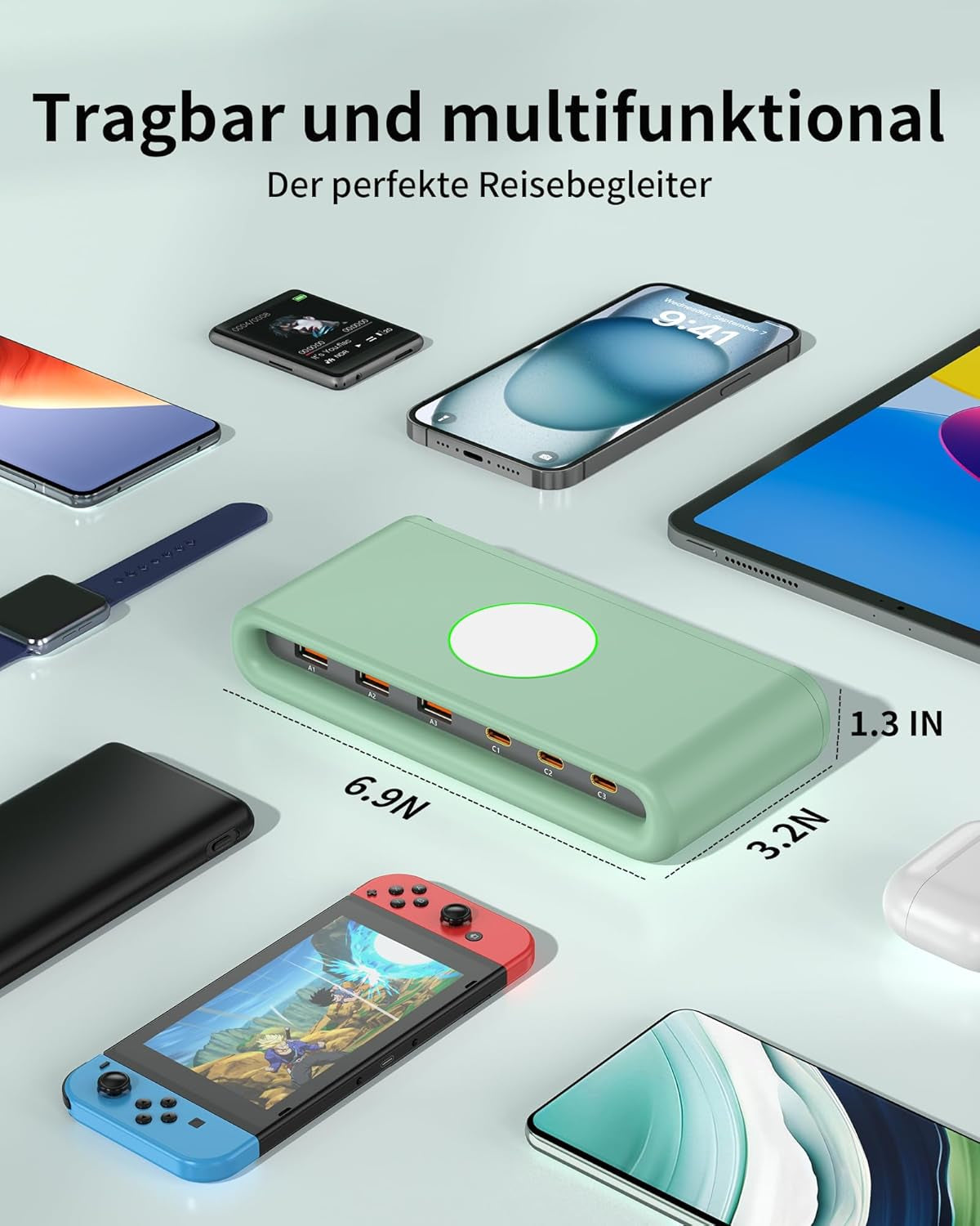 POANES 100W USB C Ladegerät Schnellladegerät Mehrfach 6 Port,65W Laptop USB C Ladestation Für Macbook, Iphone Und Samaung (Green)