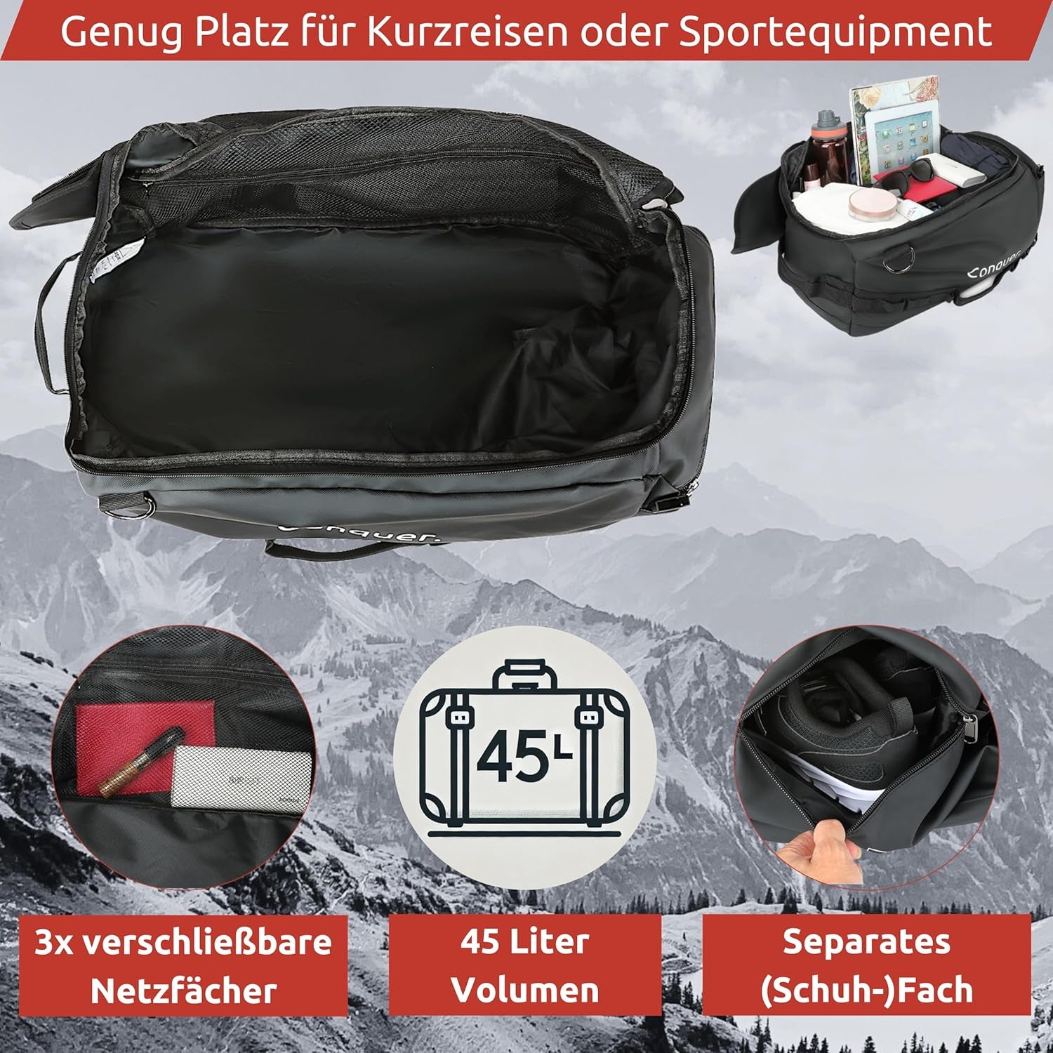 Conquer. Faltbare Reisetasche 45 L Duffel Bag Herren & Damen | Robuste, Wasserfeste & Große Reisetasche Handgepäck Mit Schultergurten & Schuhfach | Weekender, Sporttasche, Gym Bag