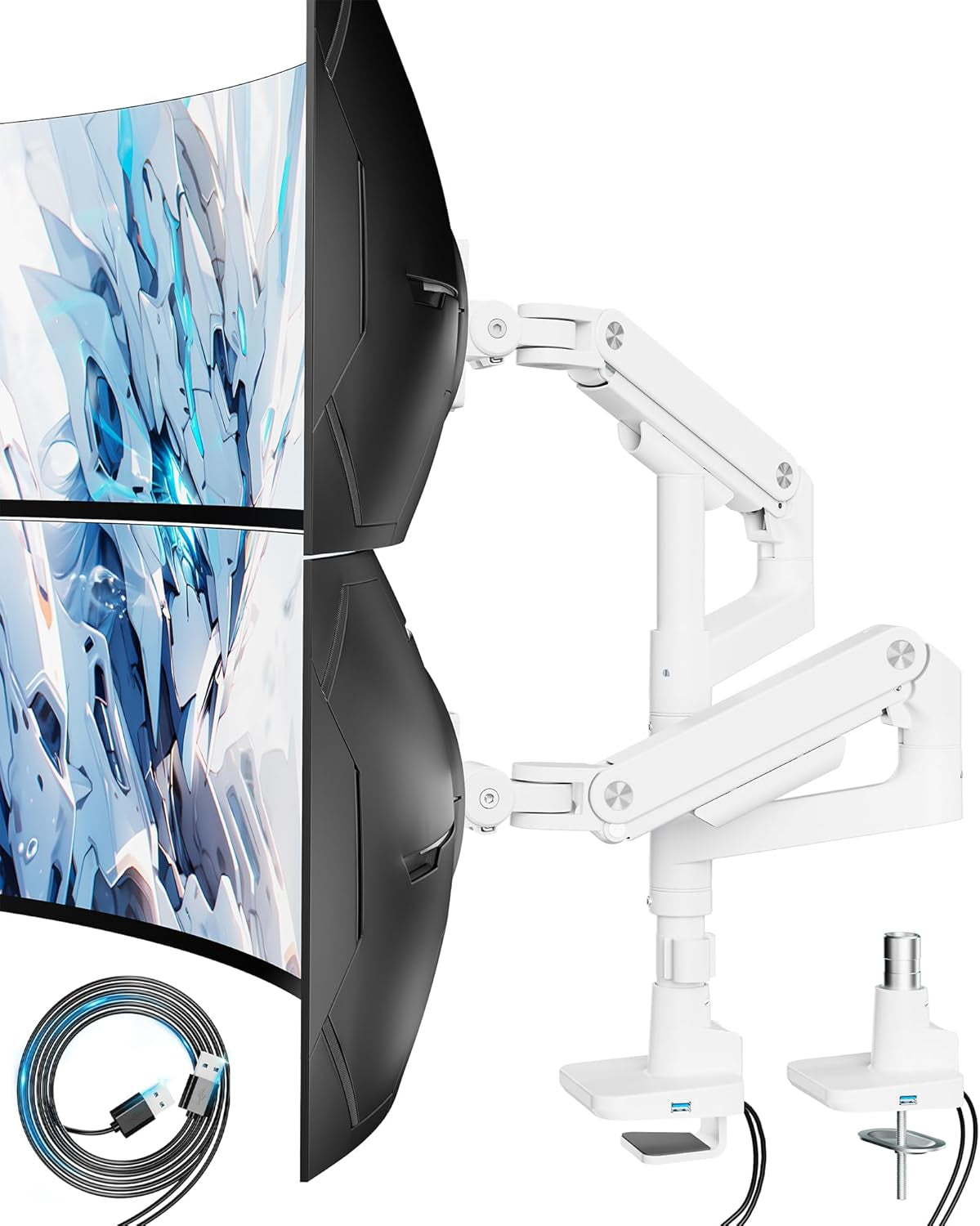 ARES WING Monitor Halterung 2 Monitore Für 17 Bis 49 Zoll Bildschirme, Höhenverstellbare Dual Monitor Arm Mit USB A/C Port, Weiß Bildschirmhalterung 2 Monitore, Max 20 Kg/Arm,Vesa 75 & 100