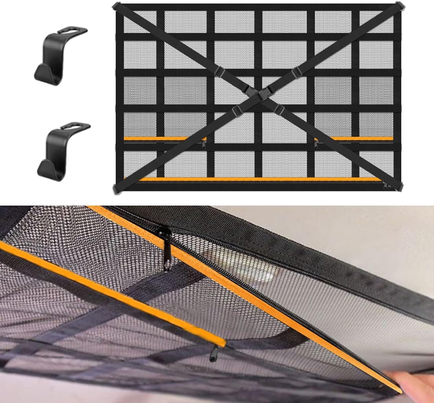Autodach Gepäcknetz Decke, 90 × 65 Cm Universal Aufbewahrungsnetz Mit Verstellbaren Gurten Und 3 Separaten Reißverschlusstaschen Für Autos, Jeeps, Vans Und Suvs Mit Vier Dachreling