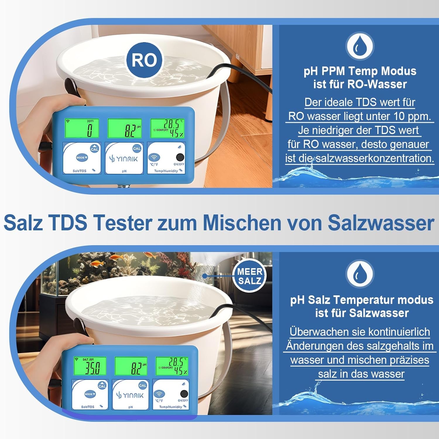 Ph Messgerät Salz Aquarium, All-In-One Ph-Tds-Salz Temperatur Luftfeuchtigkeit, Continuous Ph SALZ Monitor Mit Wifi Fernbedienung Für Hydrokulturen, Aquarien Und Pools