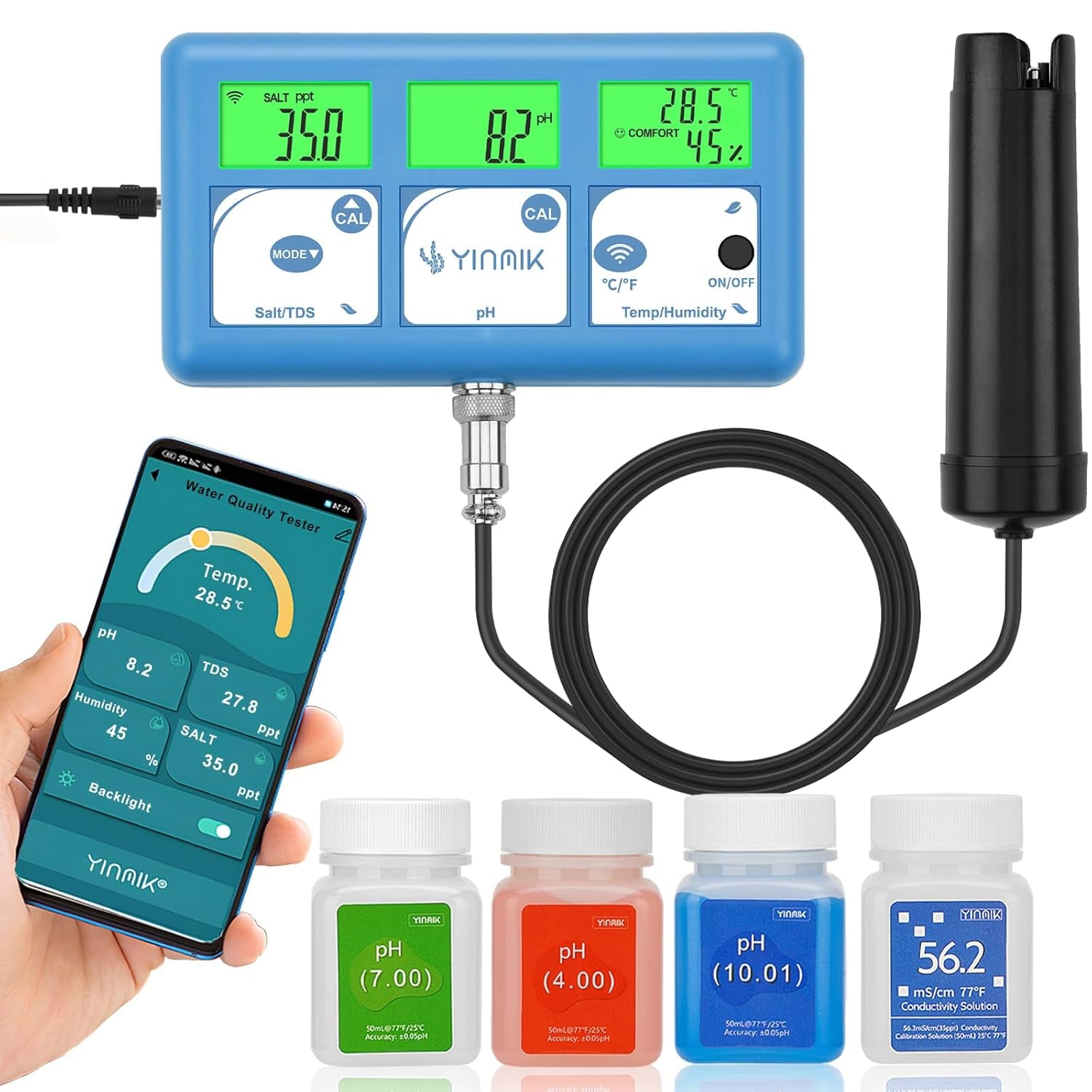 Ph Messgerät Salz Aquarium, All-In-One Ph-Tds-Salz Temperatur Luftfeuchtigkeit, Continuous Ph SALZ Monitor Mit Wifi Fernbedienung Für Hydrokulturen, Aquarien Und Pools