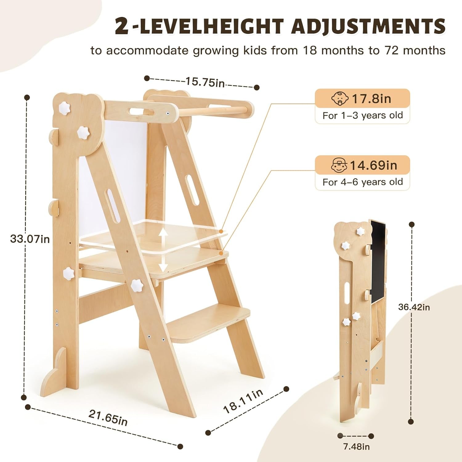 Labebe Klappbar Lernturm Für Kinder, Montessori Learning Tower Mit Zweiseitige Tafel, 3 in 1 Einstellbare Höhe Und Breite Lerntower, Multifunktion Lernturm Ab 1 Jahr Für Küche(Holz)