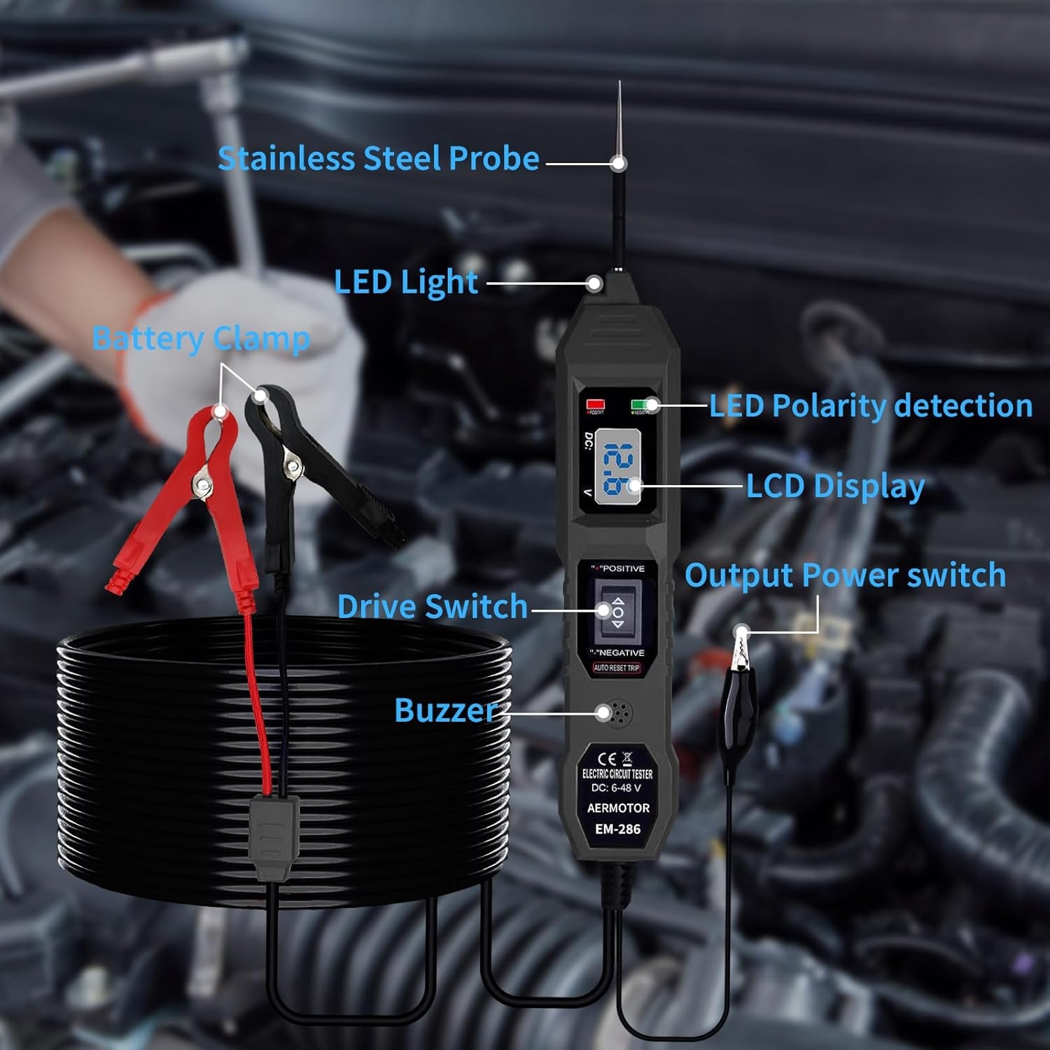 Spannungsprüfer Stift, Kfz Digital-Spannungsprüfer 6-48V DC Auto Circuit Tester Digital Mit Hintergrundbeleuchtung Durchgangsprüfer, Polaritätstest Leerlauftest Diodentest Erdungstest, Leistungsmesser