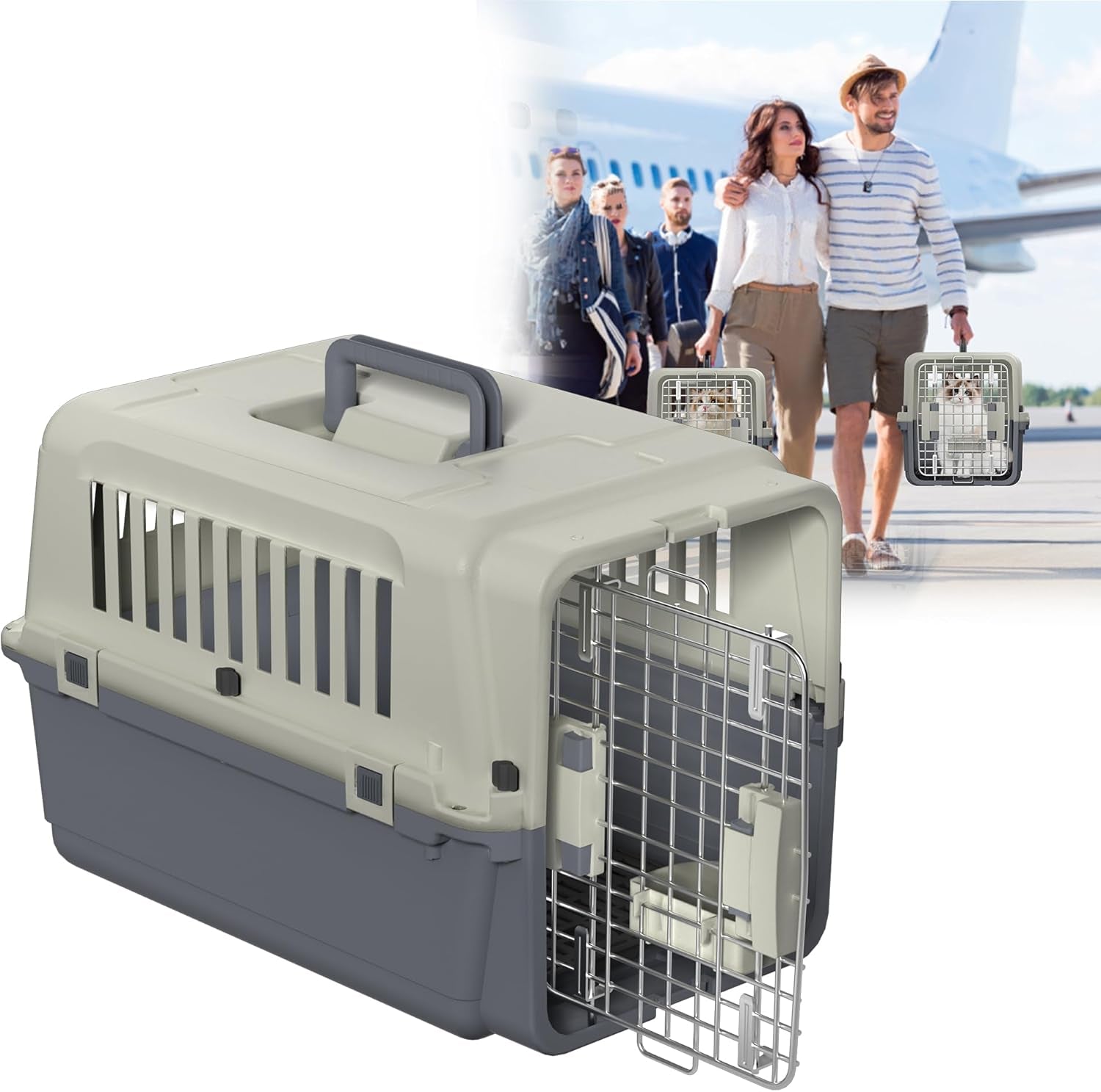 HENGMEI Transportbox Hundebox Hundetransportbox Kleine Hunde Und Katzen Kaninchen Kunststoff Katzenkorb Tiertransportbox Mit Tür Lüftungsschlitze Urinbarriere Schalen Und Tragegriff, 49.5×33.5×36Cm