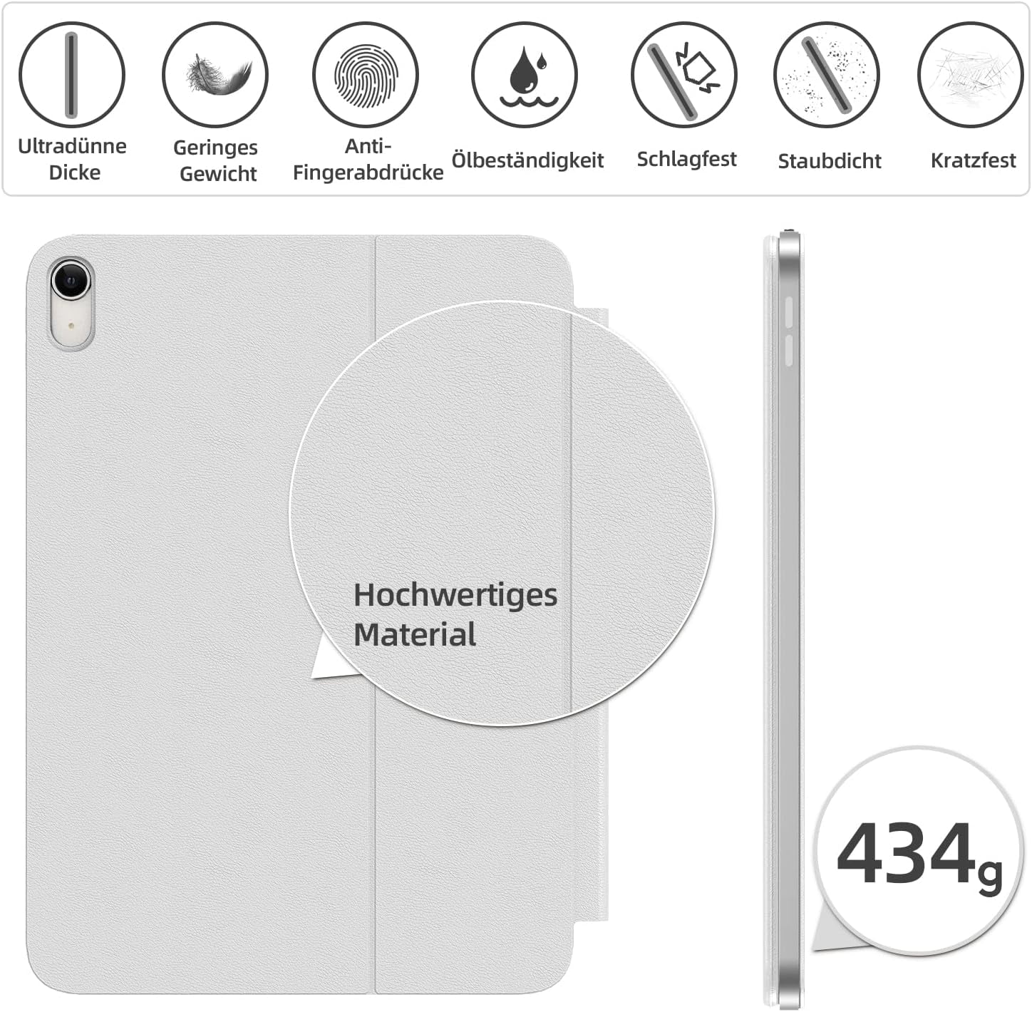 HOU Slim Bluetooth Tastatur Hülle Für Ipad 11. Generation 2025 (A16) & 10. Generation 2022, Kunstleder-Optik Hülle Mit Tastatur, Ergonomischer Winkel, QWERTZ, Weiß