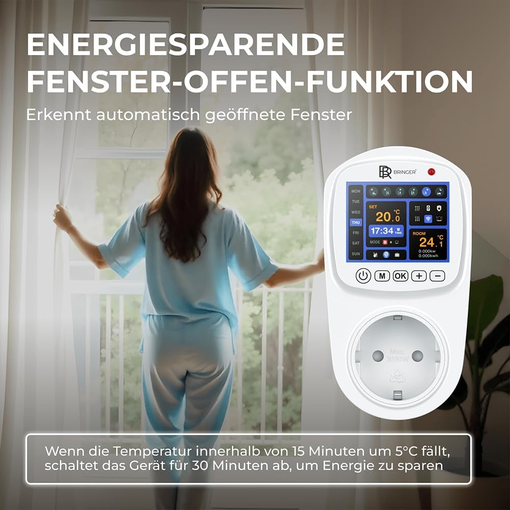 BR Bringer Smart Thermostat Steckdose – WLAN & App – Steckdosenthermostat Mit Verbrauchsanzeige, LED Farbdisplay, Wochenprogramm & Fenster-Offen-Erkennung - Kompatibel Mit Amazon Alexa, Google Home