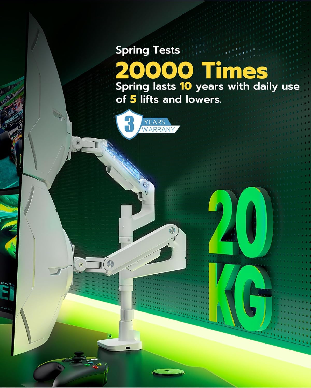 ARES WING Monitor Halterung 2 Monitore Für 17 Bis 49 Zoll Bildschirme, Höhenverstellbare Dual Monitor Arm Mit USB A/C Port, Weiß Bildschirmhalterung 2 Monitore, Max 20 Kg/Arm,Vesa 75 & 100