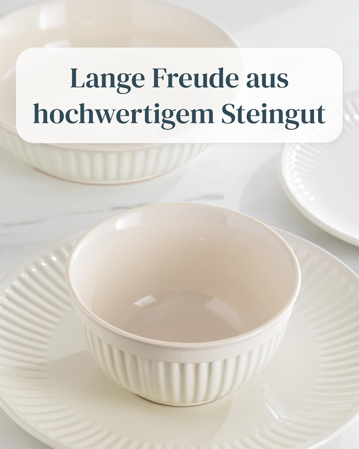 PURE LIVING INTERIOR DESIGN 6X Steingut Teller Groß Hygge Serie - Speiseteller Spülmaschinen-, Mikrowellen-, Kratzfest - Geschirrset 6 Personen, Essteller - Elegantes Gerilltes Geschirr in Beige