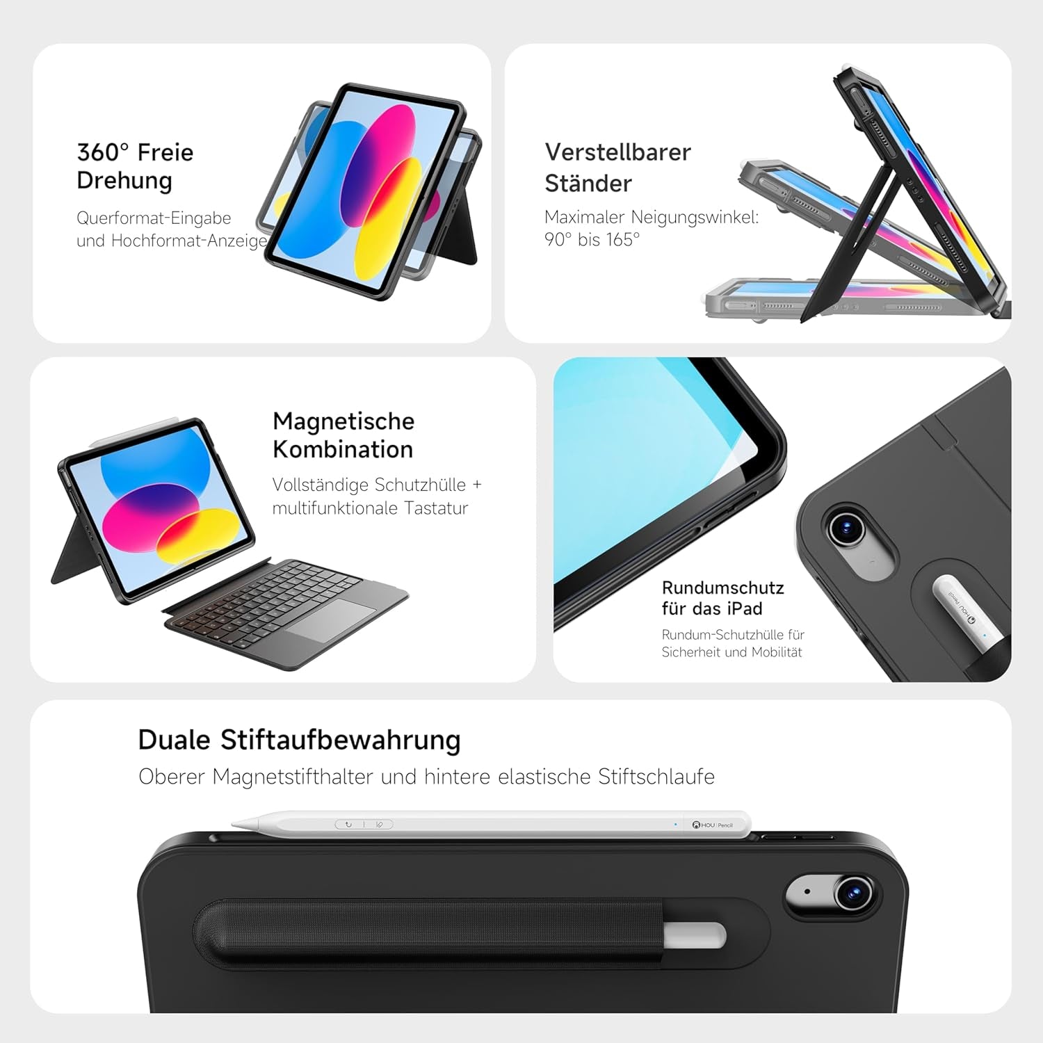 HOU Ipad 11. A16/10. Generation Case Mit Tastatur, Drehbare Und Abnehmbare Tastatur Für Ipad 11''/10, Elastische Stifthalterung, Vollschutzhülle, 7-Farben Hintergrundbeleuchtung, Multi-Touch Trackpad