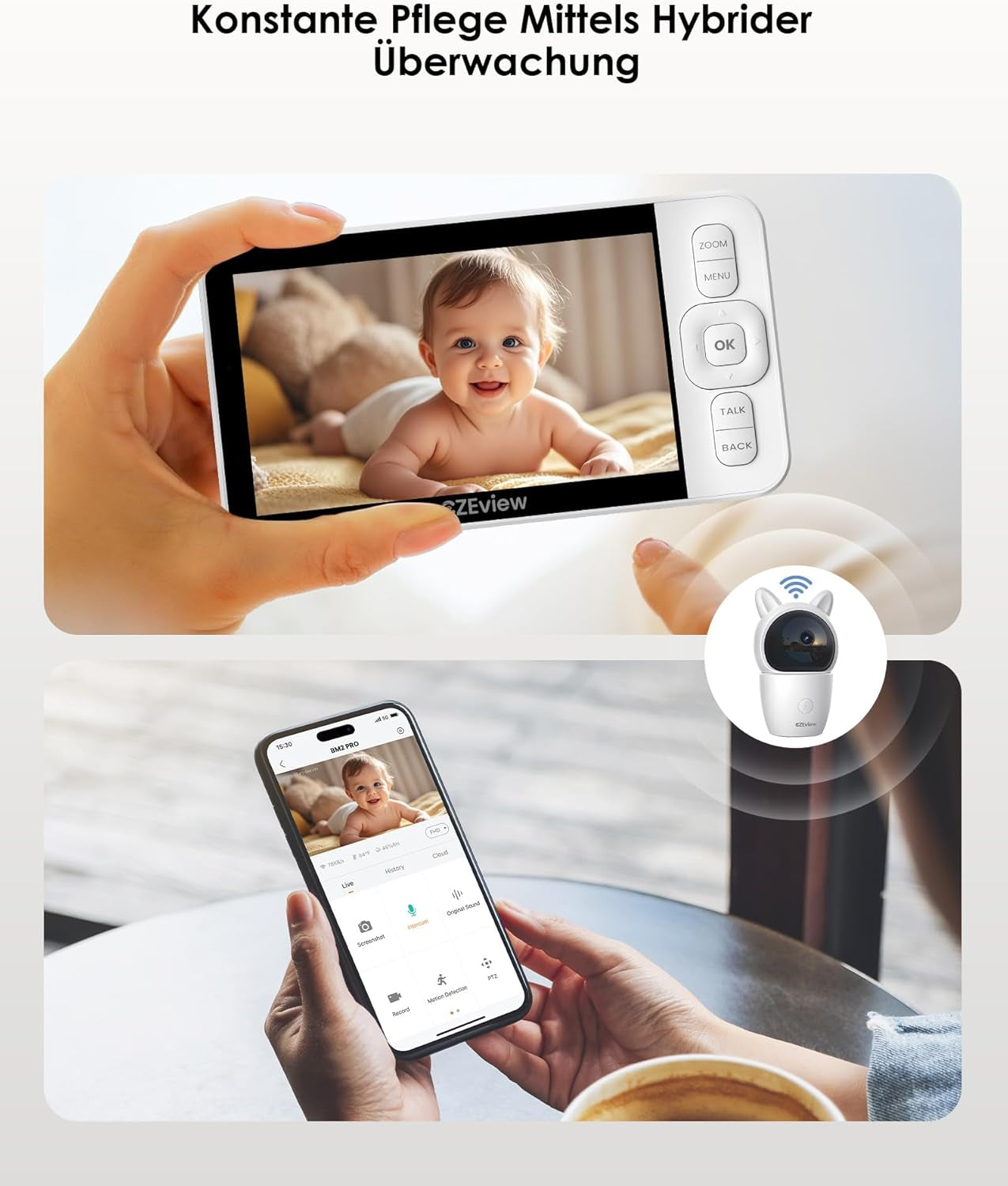 Babyphone Mit 2 Kameras Und APP, 2K/5,0 Zoll WLAN Babyfon Mit Split-Screen, PTZ 360°, 4× Zoom, Ir-Nachtsicht, Automatische Verfolgung, Weinen/Bewegungs/Geräuscherkennung, Alarme