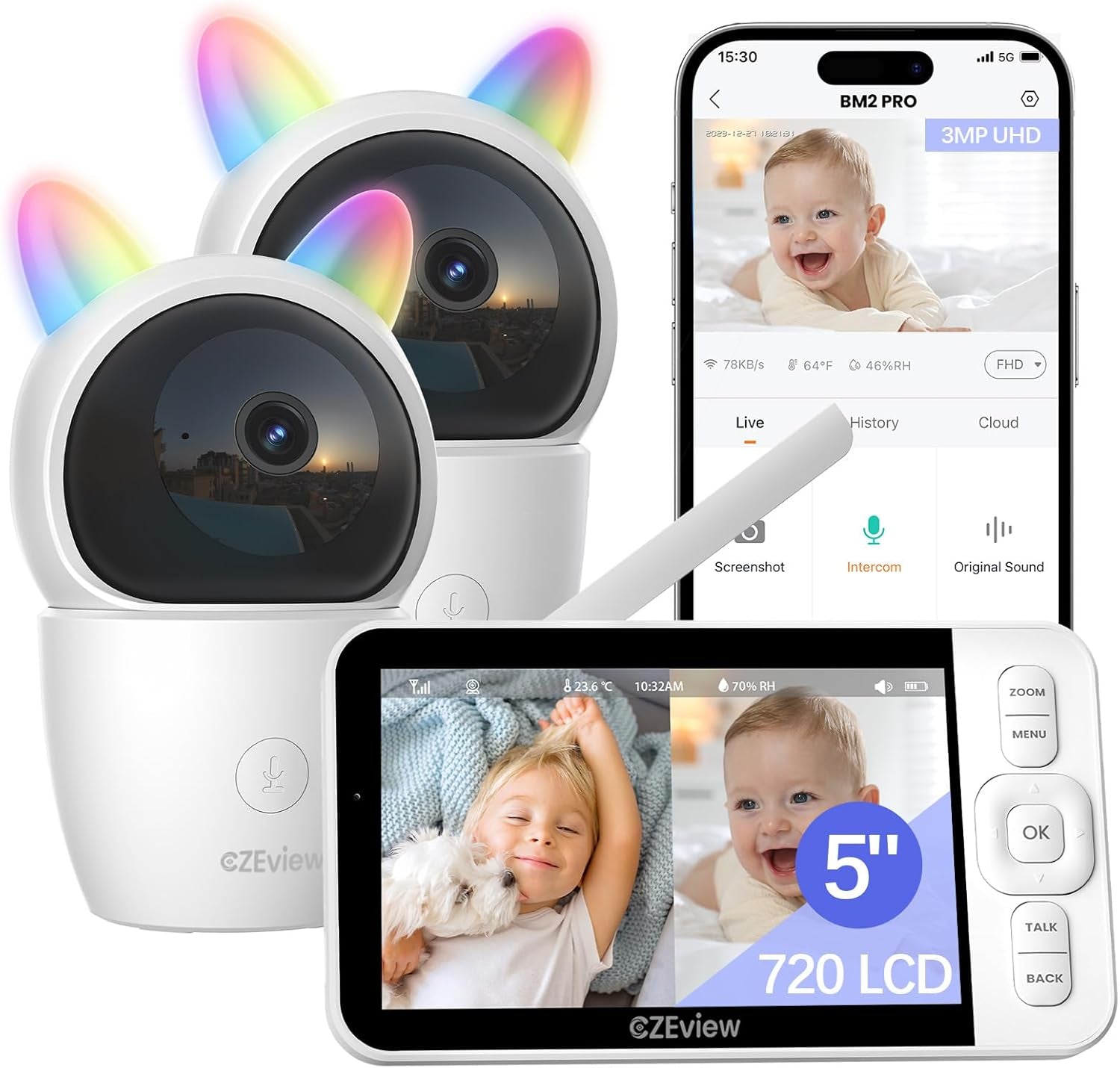 Babyphone Mit 2 Kameras Und APP, 2K/5,0 Zoll WLAN Babyfon Mit Split-Screen, PTZ 360°, 4× Zoom, Ir-Nachtsicht, Automatische Verfolgung, Weinen/Bewegungs/Geräuscherkennung, Alarme