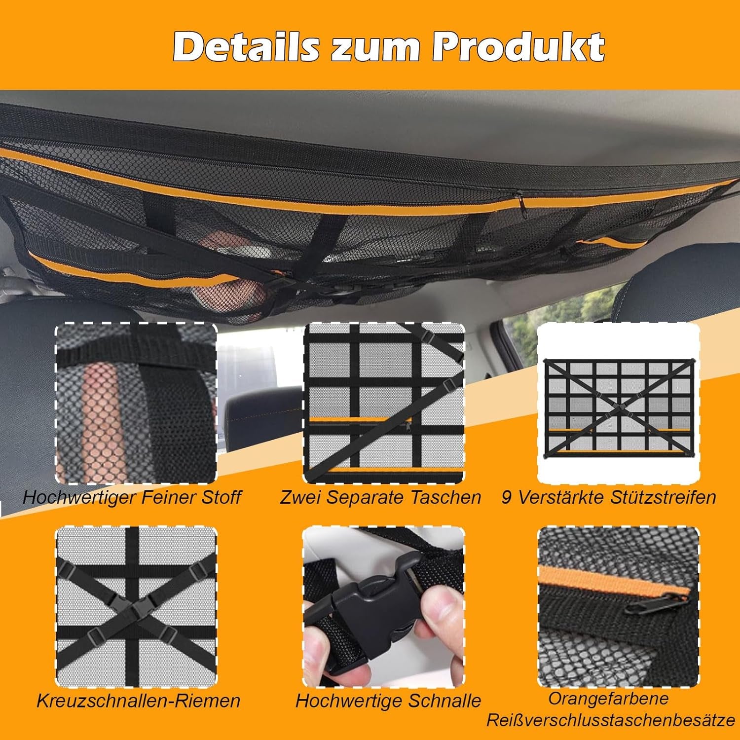 Autodach Gepäcknetz Decke, 90 × 65 Cm Universal Aufbewahrungsnetz Mit Verstellbaren Gurten Und 3 Separaten Reißverschlusstaschen Für Autos, Jeeps, Vans Und Suvs Mit Vier Dachreling