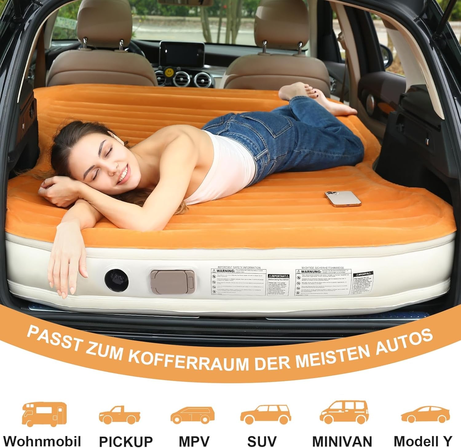 KMZ Suv-Luftmatratze Mit Eingebauter Pumpe Und 2 Kissen, Dickes Flockiertes PVC, Schnelle 90-Sekunden-Inflation, Tragbare Und Langlebige Auto-Luftmatratze Für Camping, Reisen, LKW