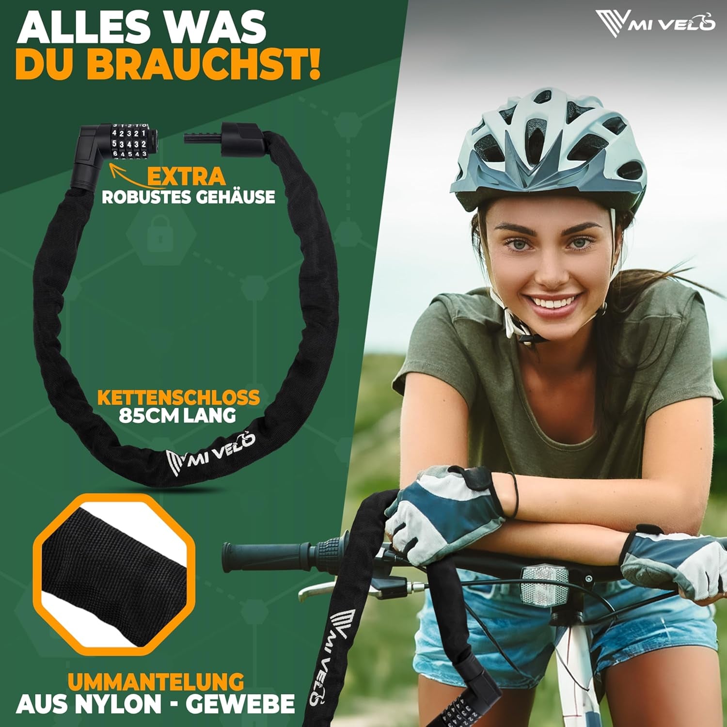 MIVELO Fahrradschloss Kettenschloss Aus Gehärtetem Stahl - 85Cm Lang I Fahrrad Schloss - Kettenschlösser Hohe Sicherheit I 8Mm Vierkant-Kette - Radschloss Fahrrad, E-Bike & E-Scooter (Mit Zahlencode)