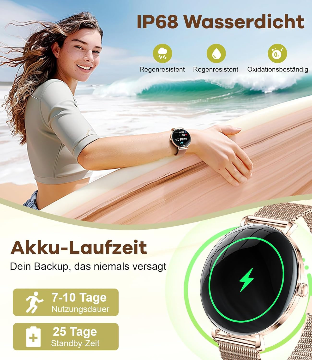LIGE 2025 Smartwatch Damen, 1,43" HD AMOLED Kreisbogen Display Roségold Armbanduhr Mit Telefonfunktion, Menstruationszyklus/Herzfrequenz, IP68 Wasserdicht 120+ Sportmodi Sportuhr Für Andriod Ios