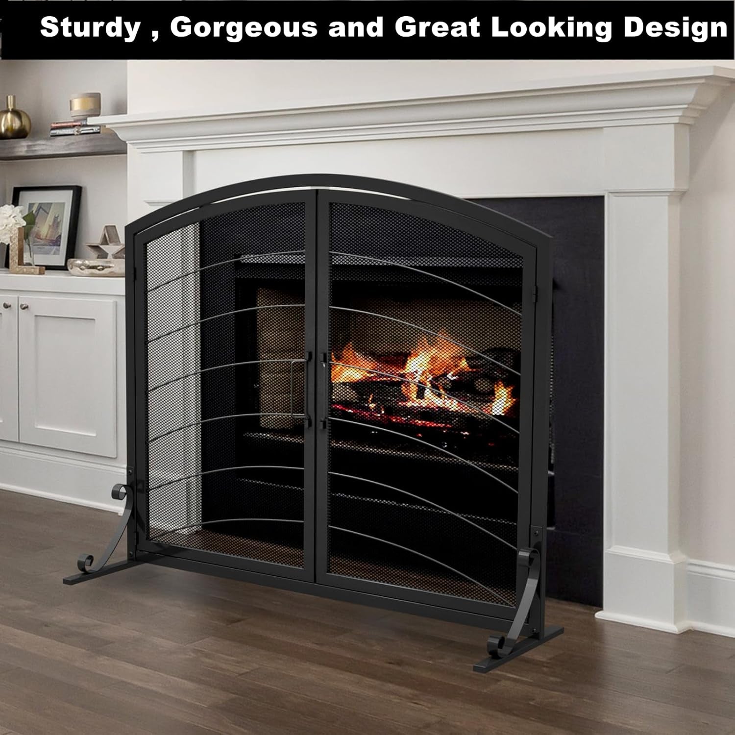 SCENDOR GARDEN Kaminabdeckung Schmiedeeisen 99CM (L) X 83.6CM (H) Moderner Stilvoller Faltbarer Sicherheits-Kaminzaun Funkenabweiser Schwarz