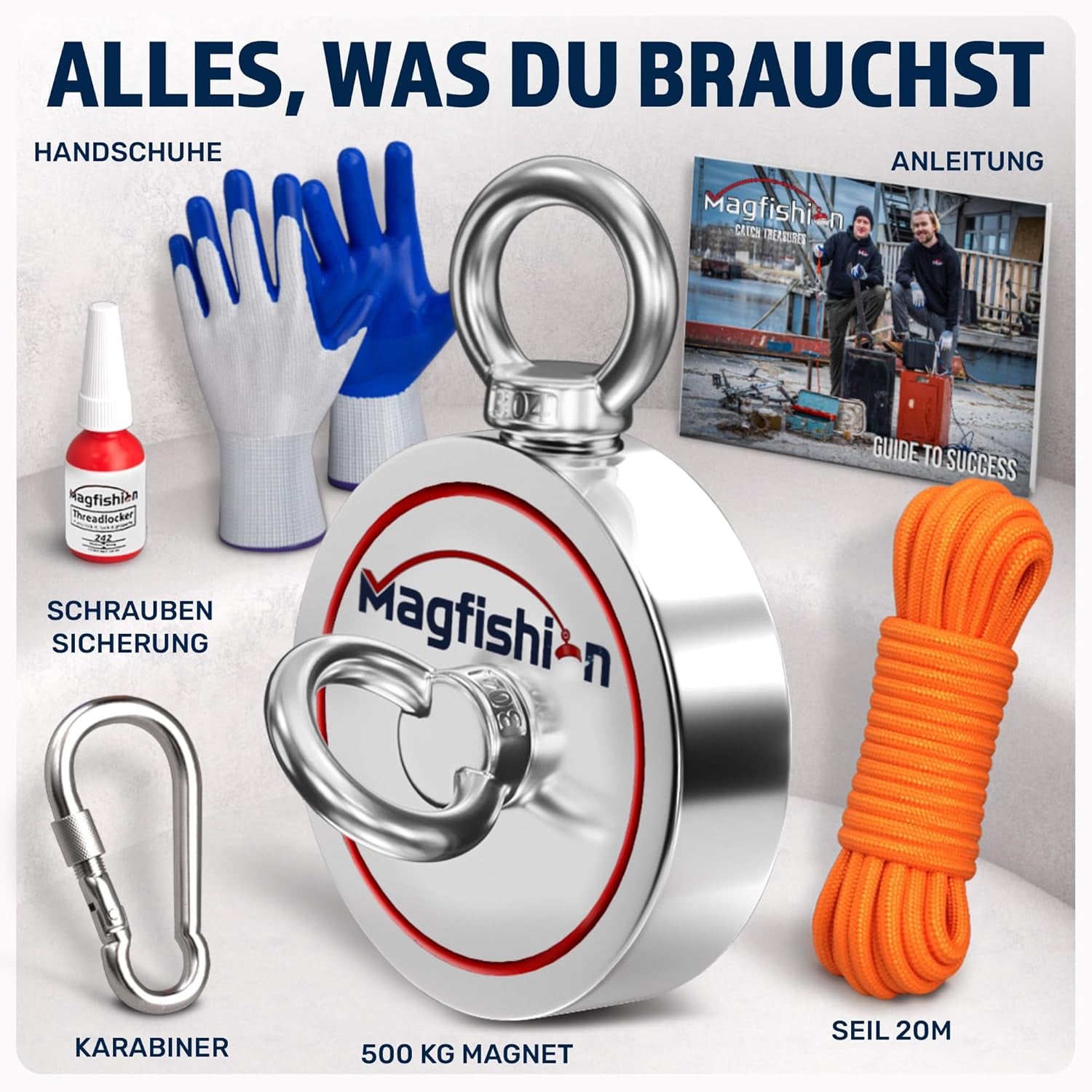 Magnetfischen Set - 250 KG - Ø75Mm - Neodym Magnet Mit Seil (20M) & Handschuhe - Magnet Fischen Angel - Ösenmagnet - Fishing Magnetangel - Magnetangeln Set