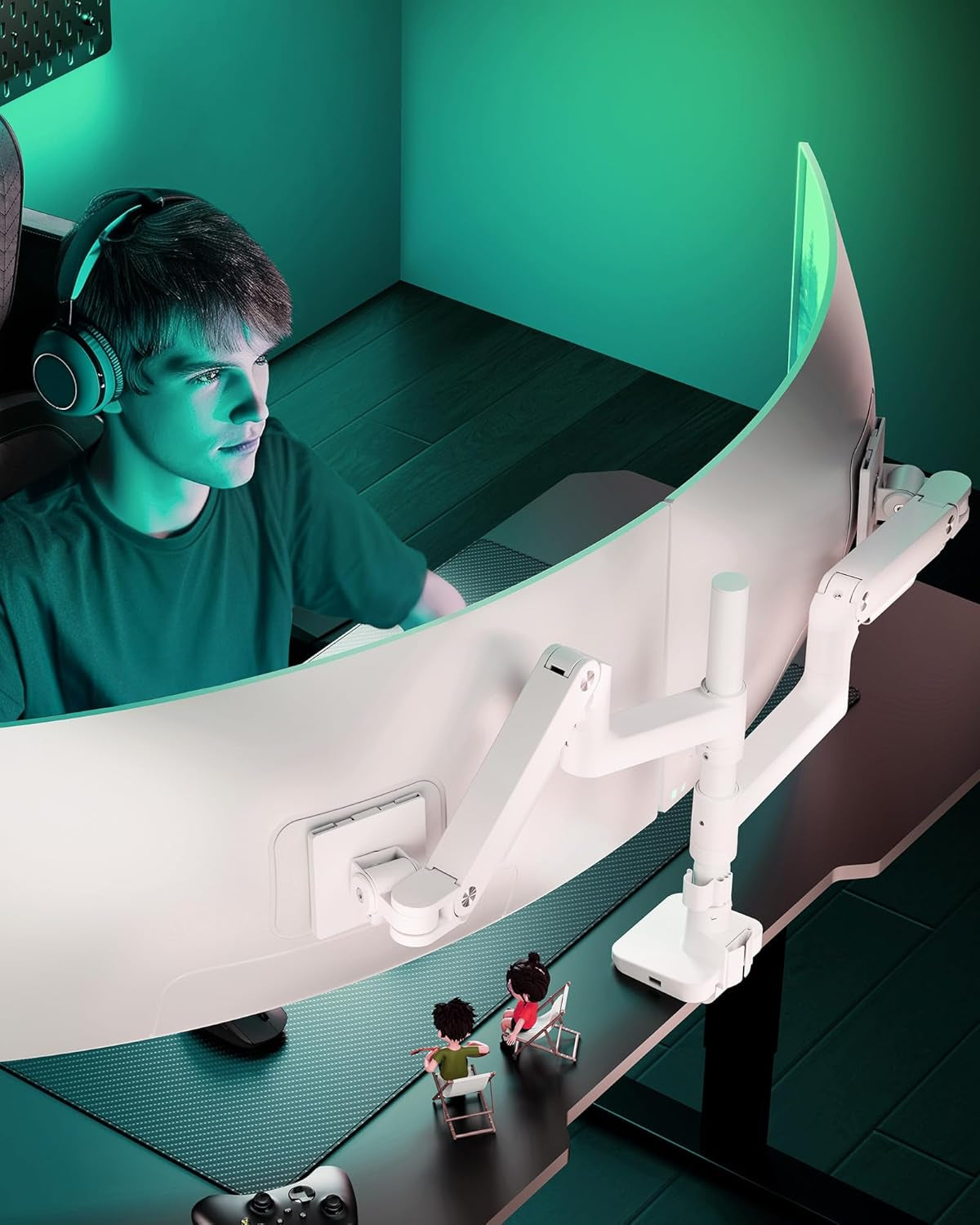 ARES WING Monitor Halterung 2 Monitore Für 17 Bis 49 Zoll Bildschirme, Höhenverstellbare Dual Monitor Arm Mit USB A/C Port, Weiß Bildschirmhalterung 2 Monitore, Max 20 Kg/Arm,Vesa 75 & 100