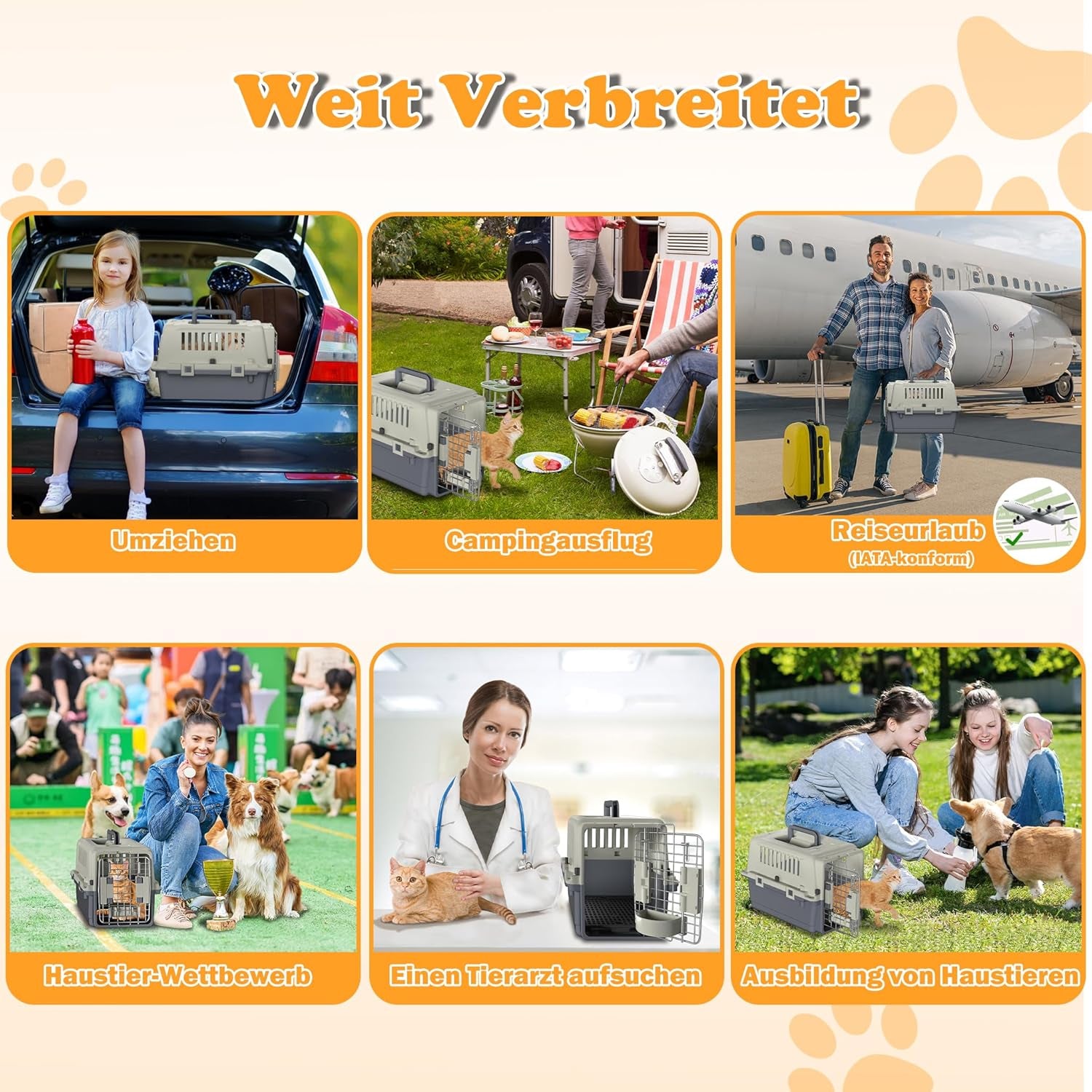 HENGMEI Transportbox Hundebox Hundetransportbox Kleine Hunde Und Katzen Kaninchen Kunststoff Katzenkorb Tiertransportbox Mit Tür Lüftungsschlitze Urinbarriere Schalen Und Tragegriff, 49.5×33.5×36Cm