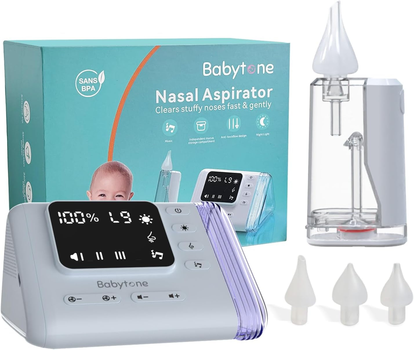 Nasensauger Baby Elektrisch, Nasal Aspirator Mit 9 Stufen, Wiederaufladbar Nasenschleim Sauger Mit Musik & Licht, 3 Silikonspitzen, Anti-Reflux-Design