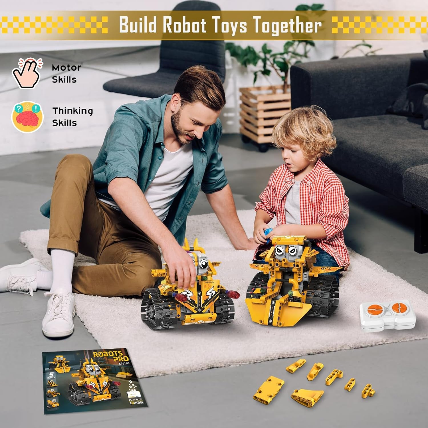 Ferngesteuerter Bausteinroboter, Ferngesteuerter Mehrfach-Wechselbaustein-Jedi-Rettungsteam, 5-In-1-App Und Ferngesteuerter Roboterpanzer-Geländewagen (Gelb)