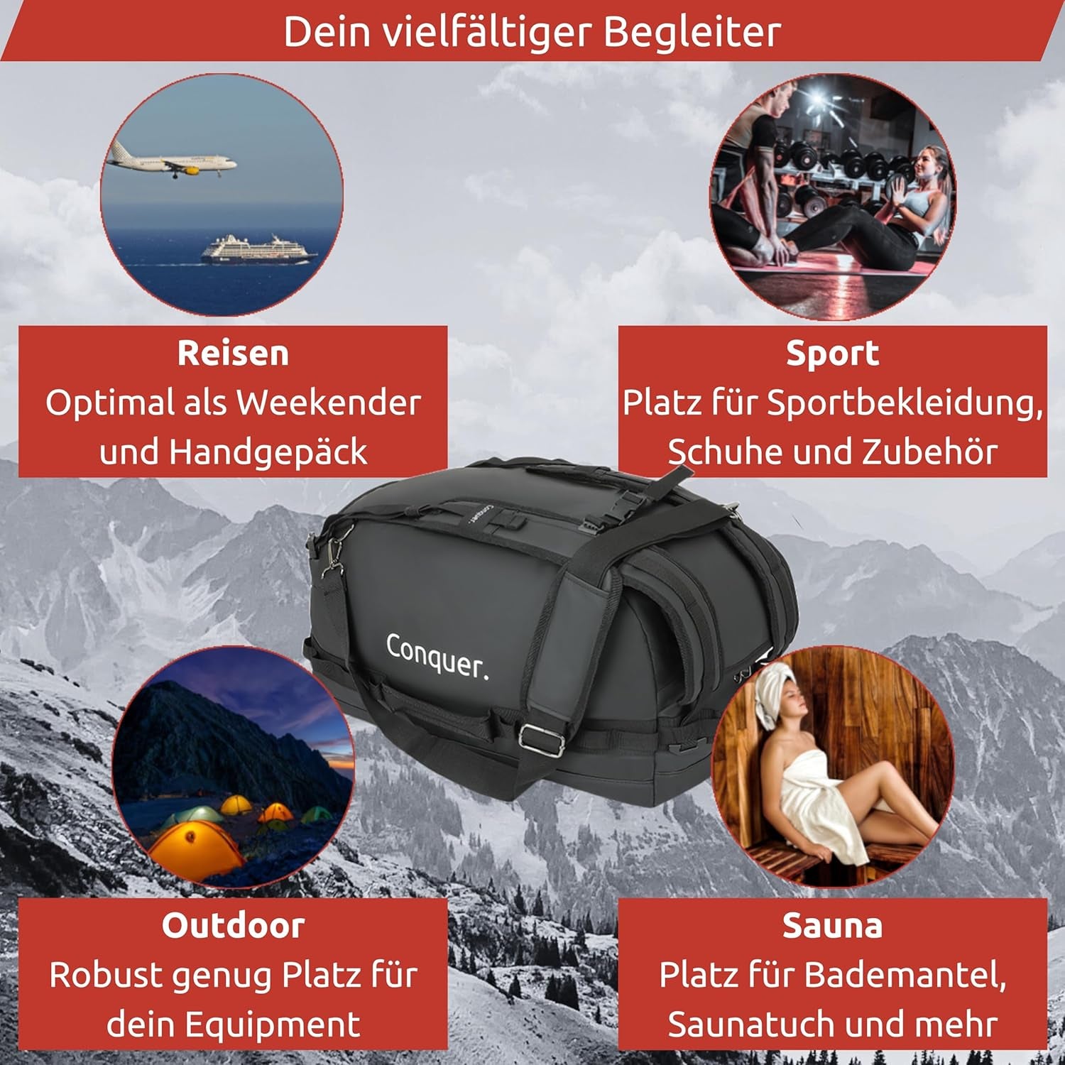 Conquer. Faltbare Reisetasche 45 L Duffel Bag Herren & Damen | Robuste, Wasserfeste & Große Reisetasche Handgepäck Mit Schultergurten & Schuhfach | Weekender, Sporttasche, Gym Bag