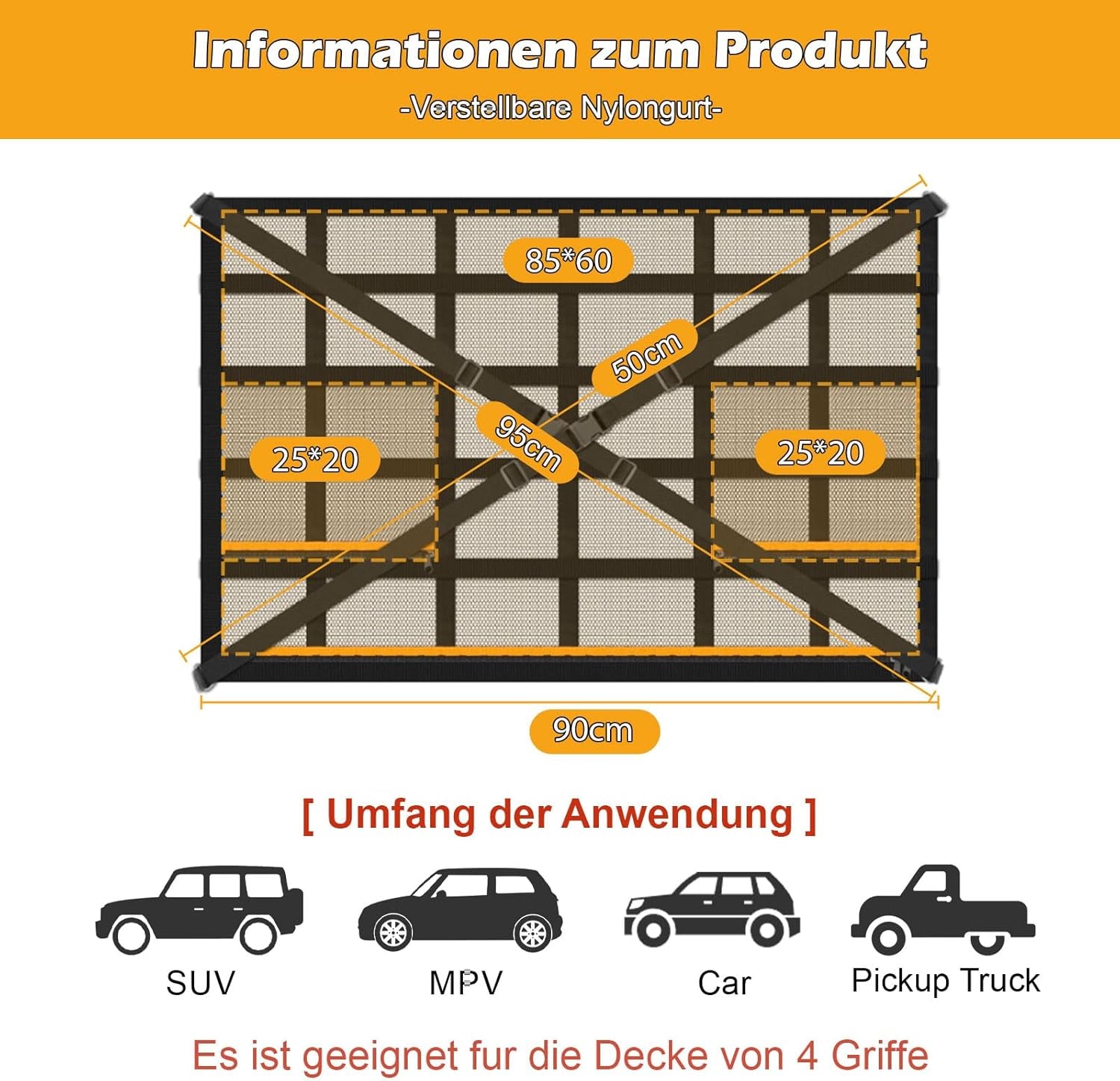Autodach Gepäcknetz Decke, 90 × 65 Cm Universal Aufbewahrungsnetz Mit Verstellbaren Gurten Und 3 Separaten Reißverschlusstaschen Für Autos, Jeeps, Vans Und Suvs Mit Vier Dachreling
