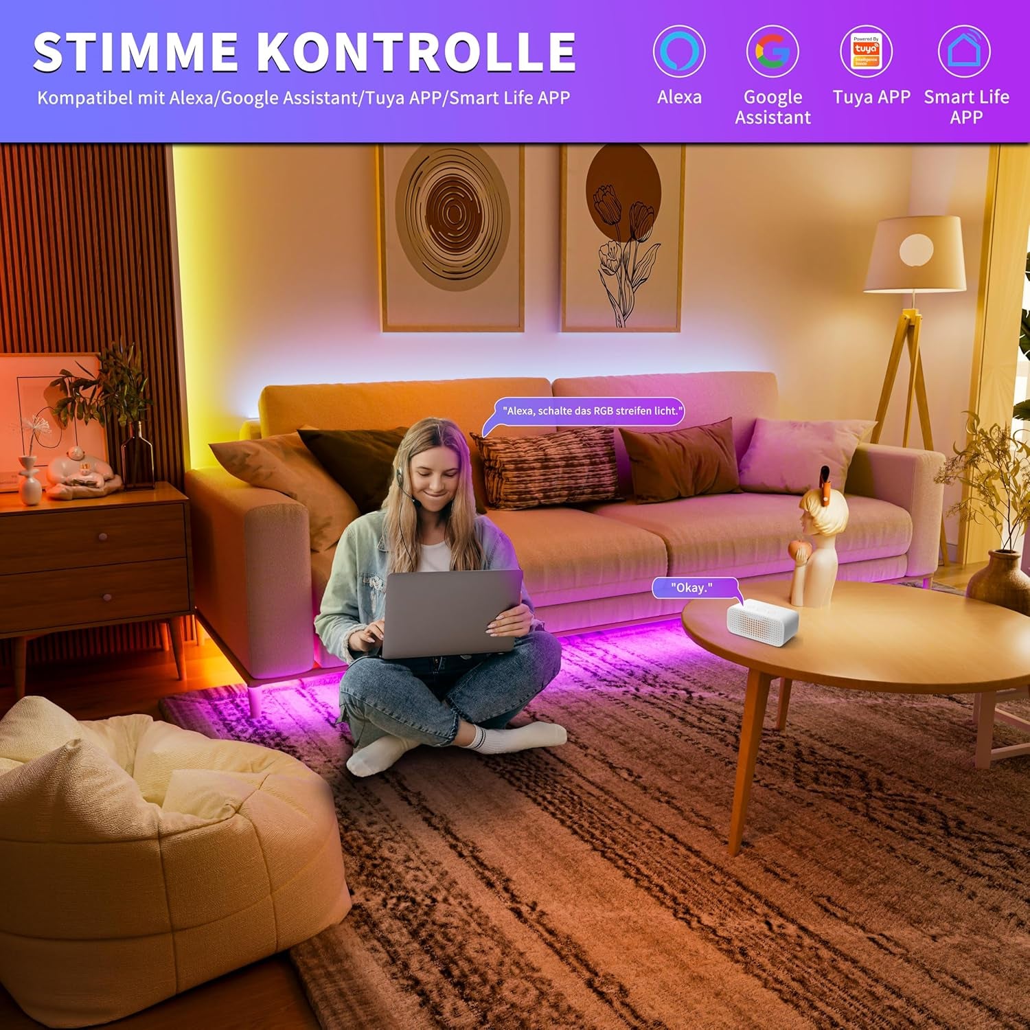 WIFI COB RGB LED Streifen 6M,Farbe Wechsel Dimmbar LED Band Licht Dc24V,Smart Funktioniert Mit Tuya/Alexa/Google Assistant,Mehrfarbiges Flexibles LED Strip Light Für TV,DIY Dekoration