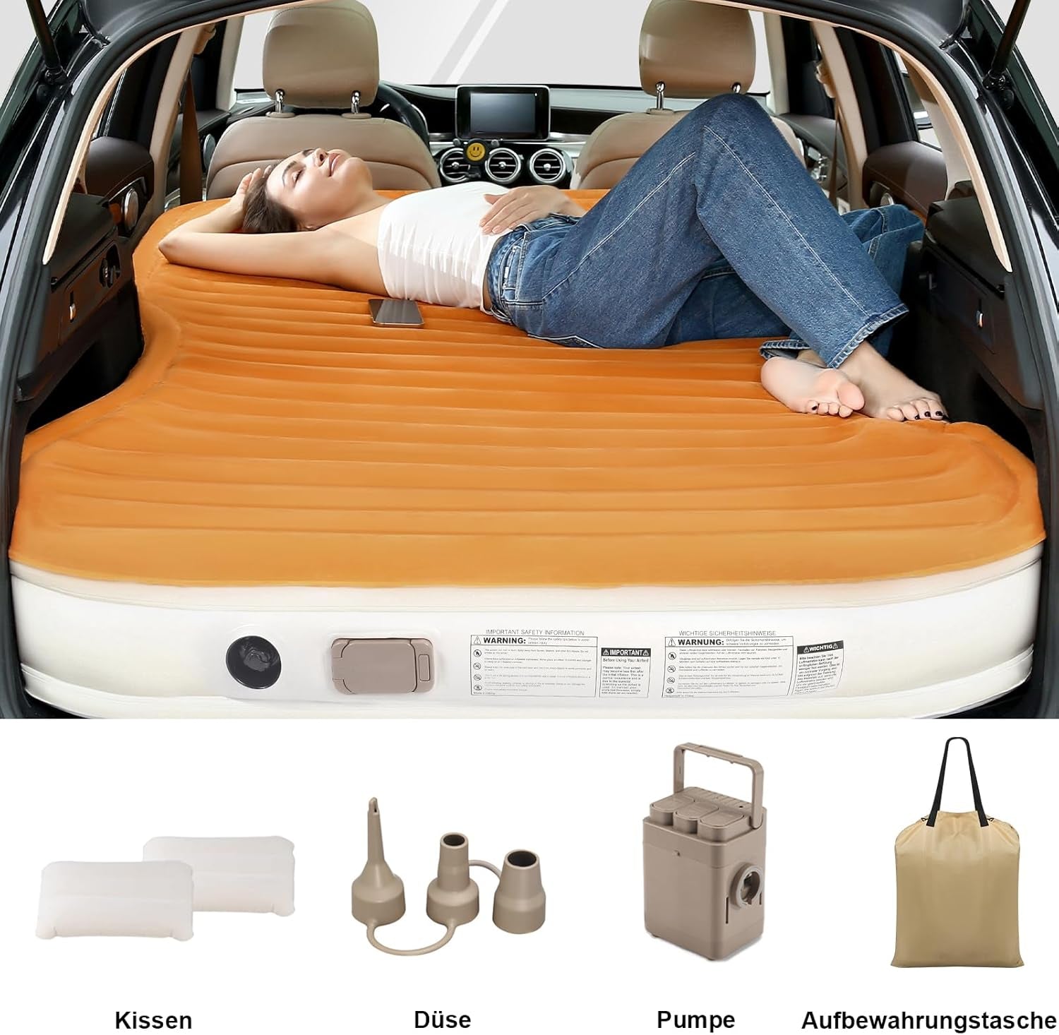 KMZ Suv-Luftmatratze Mit Eingebauter Pumpe Und 2 Kissen, Dickes Flockiertes PVC, Schnelle 90-Sekunden-Inflation, Tragbare Und Langlebige Auto-Luftmatratze Für Camping, Reisen, LKW