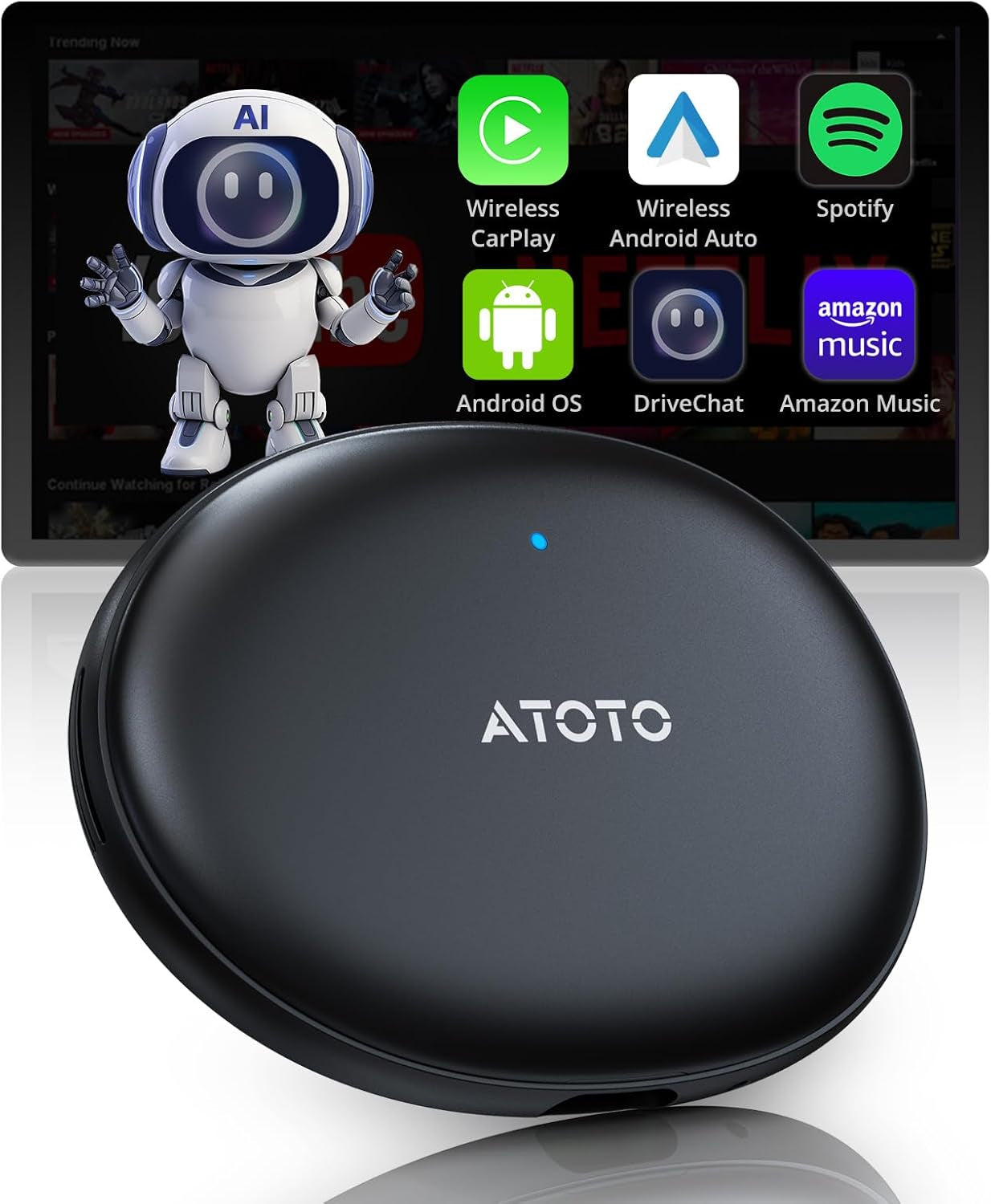 AD5 Wireless Carplay Adapter & Android Auto Adapter, Plug & Play Car Video Box, 2025 Upgrade Ai Box Carplay Dongle Mit Netflix, Youtube, Dual Wi-Fi, Bluetooth, Chatgpt, Grauschwarz