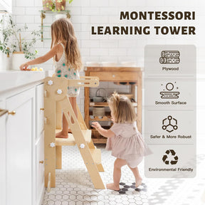 Labebe Klappbar Lernturm Für Kinder, Montessori Learning Tower Mit Zweiseitige Tafel, 3 in 1 Einstellbare Höhe Und Breite Lerntower, Multifunktion Lernturm Ab 1 Jahr Für Küche（Holz）