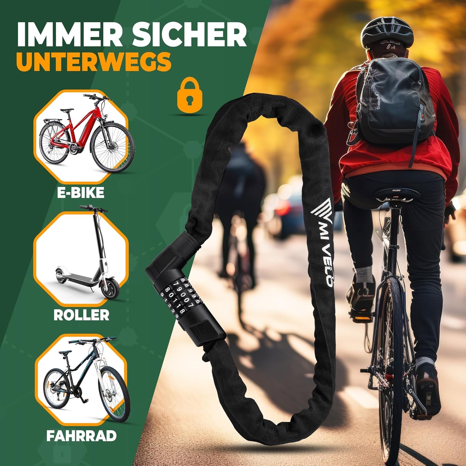 MIVELO Fahrradschloss Kettenschloss Aus Gehärtetem Stahl - 85Cm Lang I Fahrrad Schloss - Kettenschlösser Hohe Sicherheit I 8Mm Vierkant-Kette - Radschloss Fahrrad, E-Bike & E-Scooter (Mit Zahlencode)