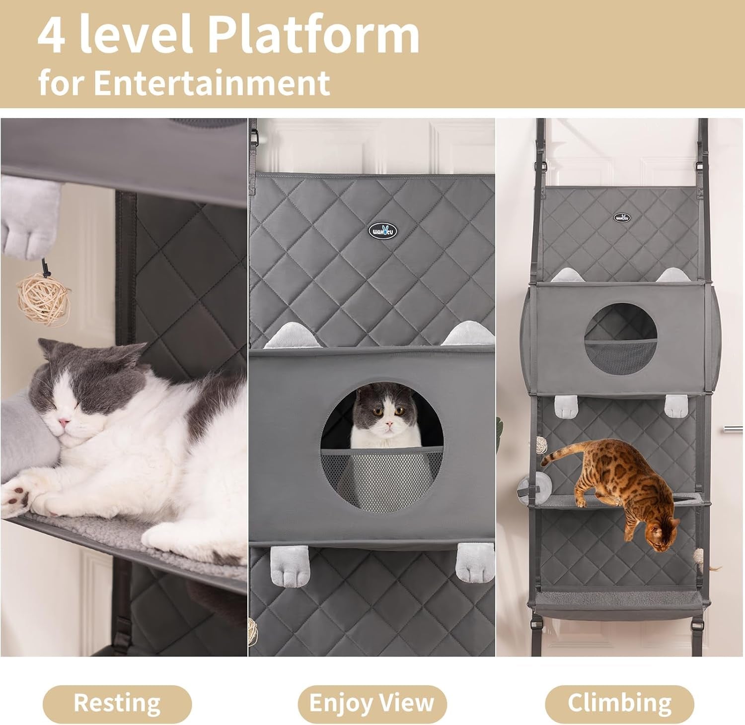 Hängender Kratzbaum - Tür Montiert Climber Katze Wand Katze Hängematte Für Indoor, Hanging/Erhöhte Bett - 4 Geschichte Mit Abnehmbaren Kissen, Ball Spielzeug Und Rollolo Katzenmöbel