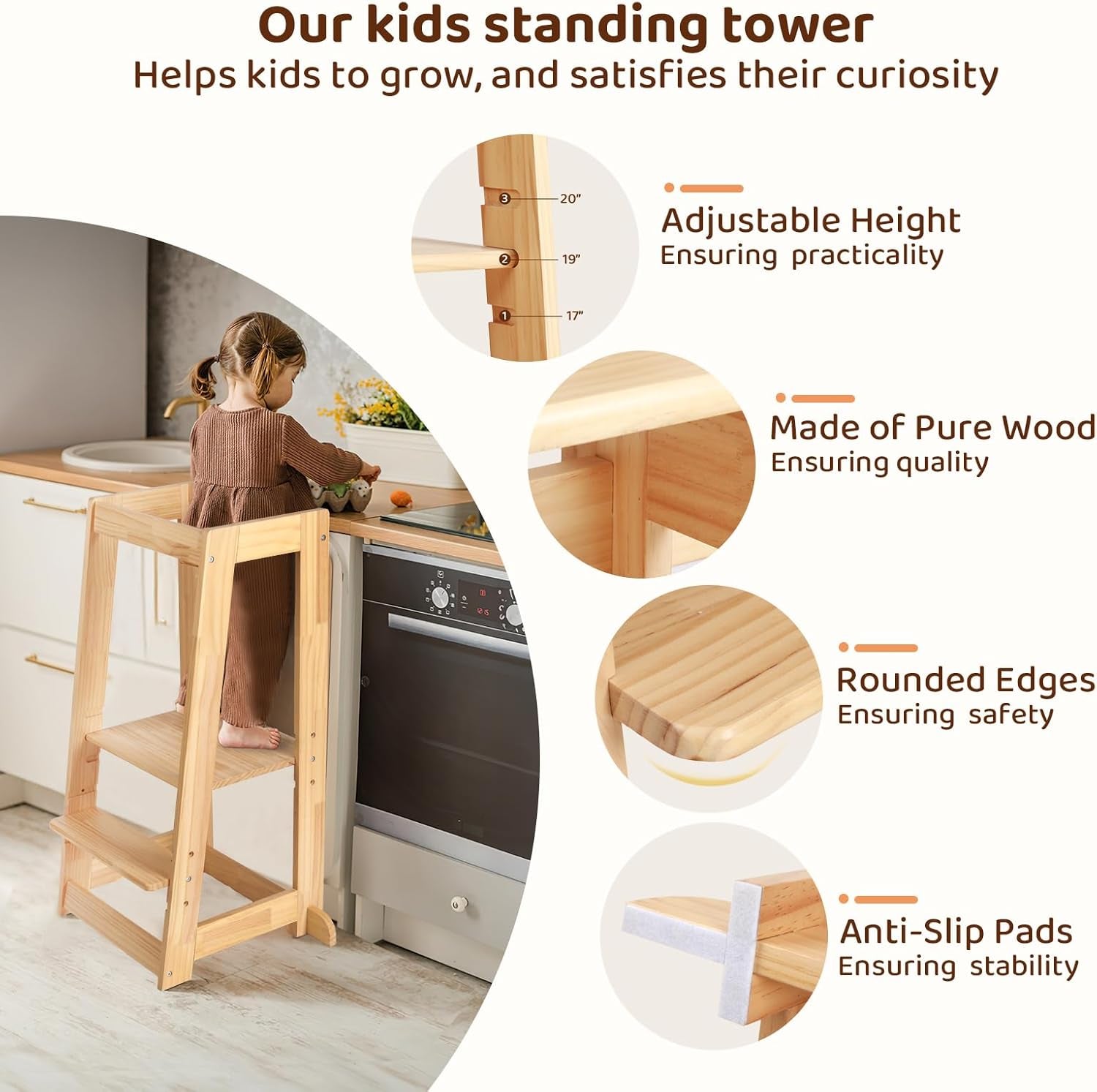 Lernturm Ab 1 Jahr | Höhenverstellbarer Kleinkinderturm Mit 3 Stufen & Sicherheitsgeländer | Für Küche, Badezimmer & Waschbecken | Rutschfester Tritthocker Für Kinder 18-36 Monate (Natural)