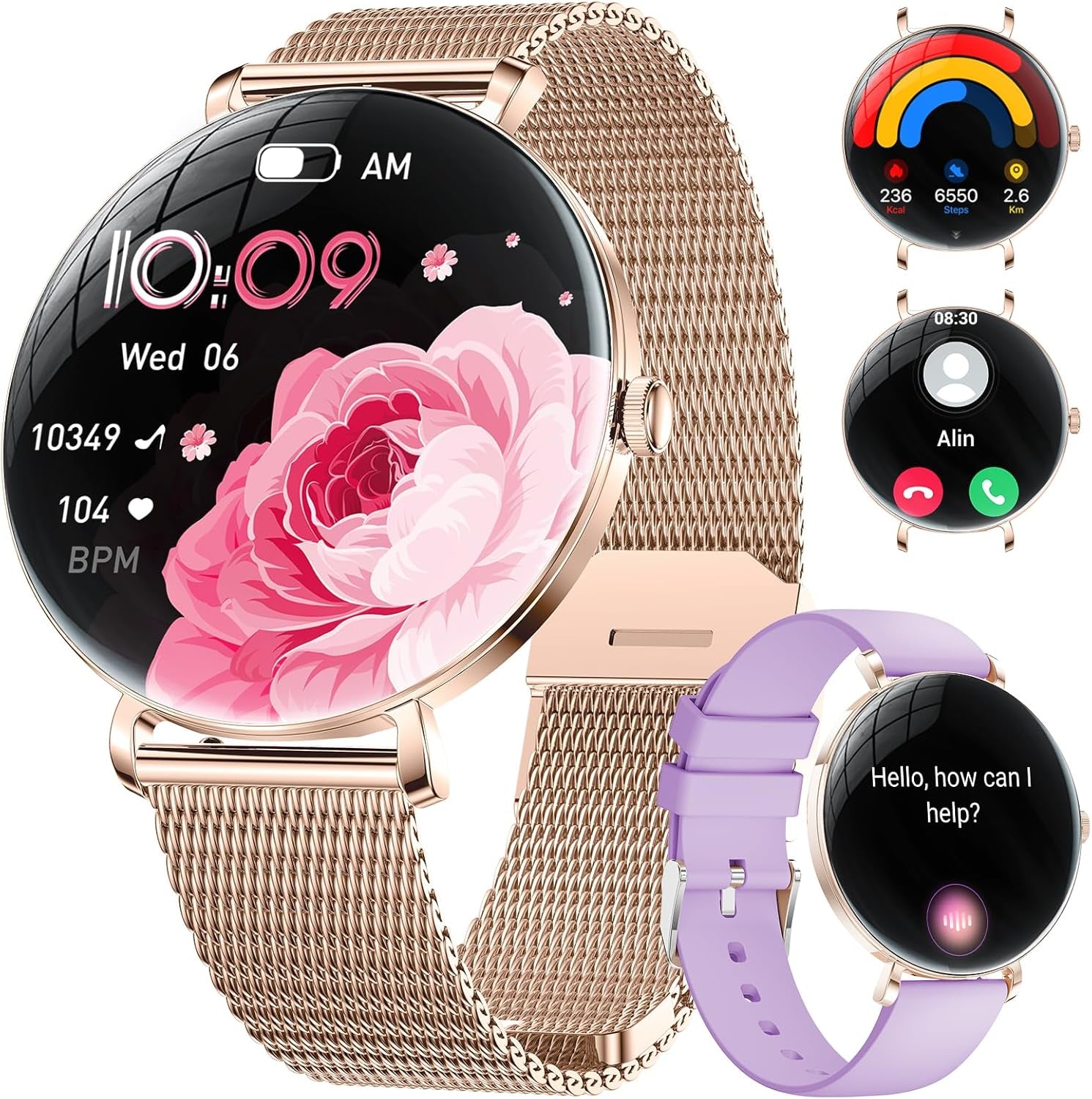LIGE 2025 Smartwatch Damen, 1,43" HD AMOLED Kreisbogen Display Roségold Armbanduhr Mit Telefonfunktion, Menstruationszyklus/Herzfrequenz, IP68 Wasserdicht 120+ Sportmodi Sportuhr Für Andriod Ios