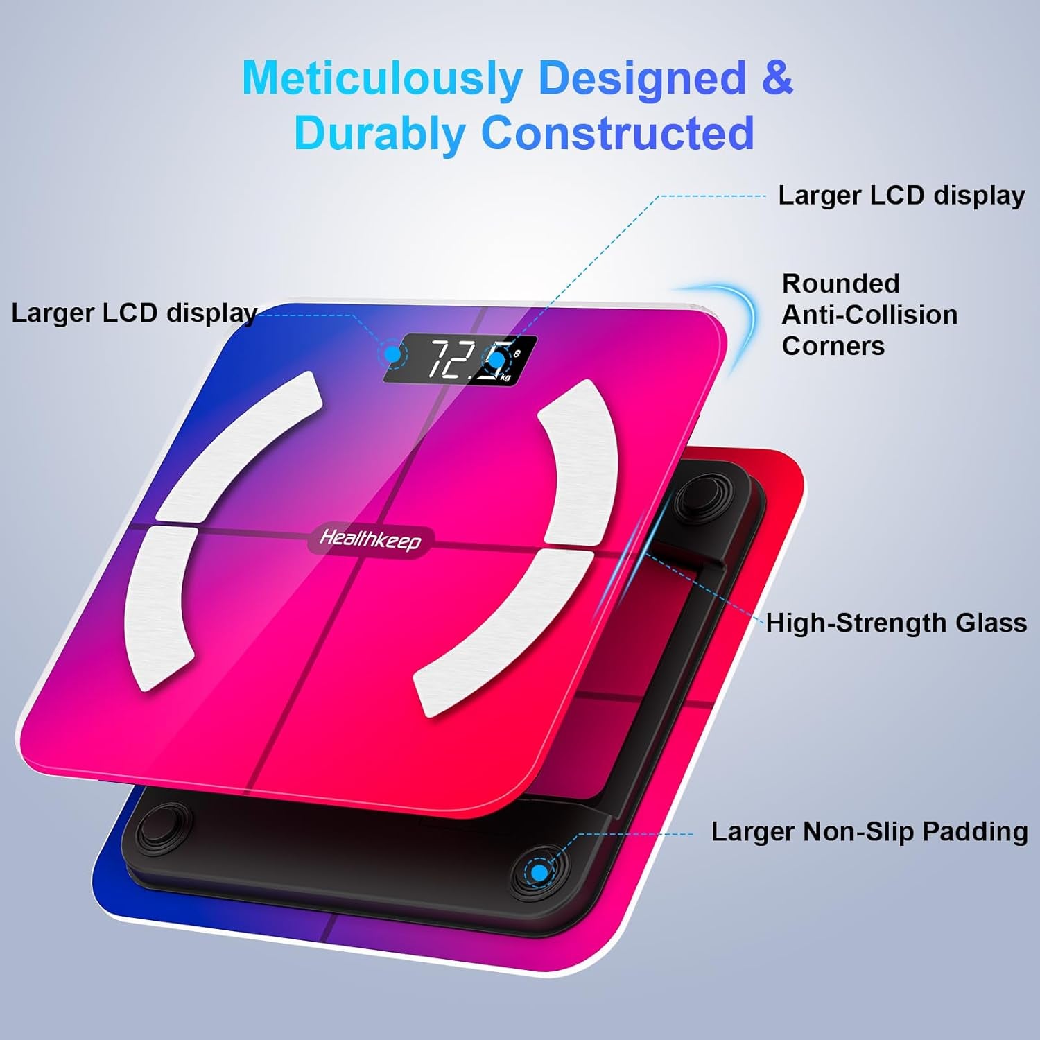 Personenwaage, Impedanzmesser, Bluetooth, Hohe Genauigkeit, Mit App, 13 Indikatoren Für Android Und Ios, Max. 180 Kg/400 Lb/28St, 28 X 28 Cm – Mehrfarbig