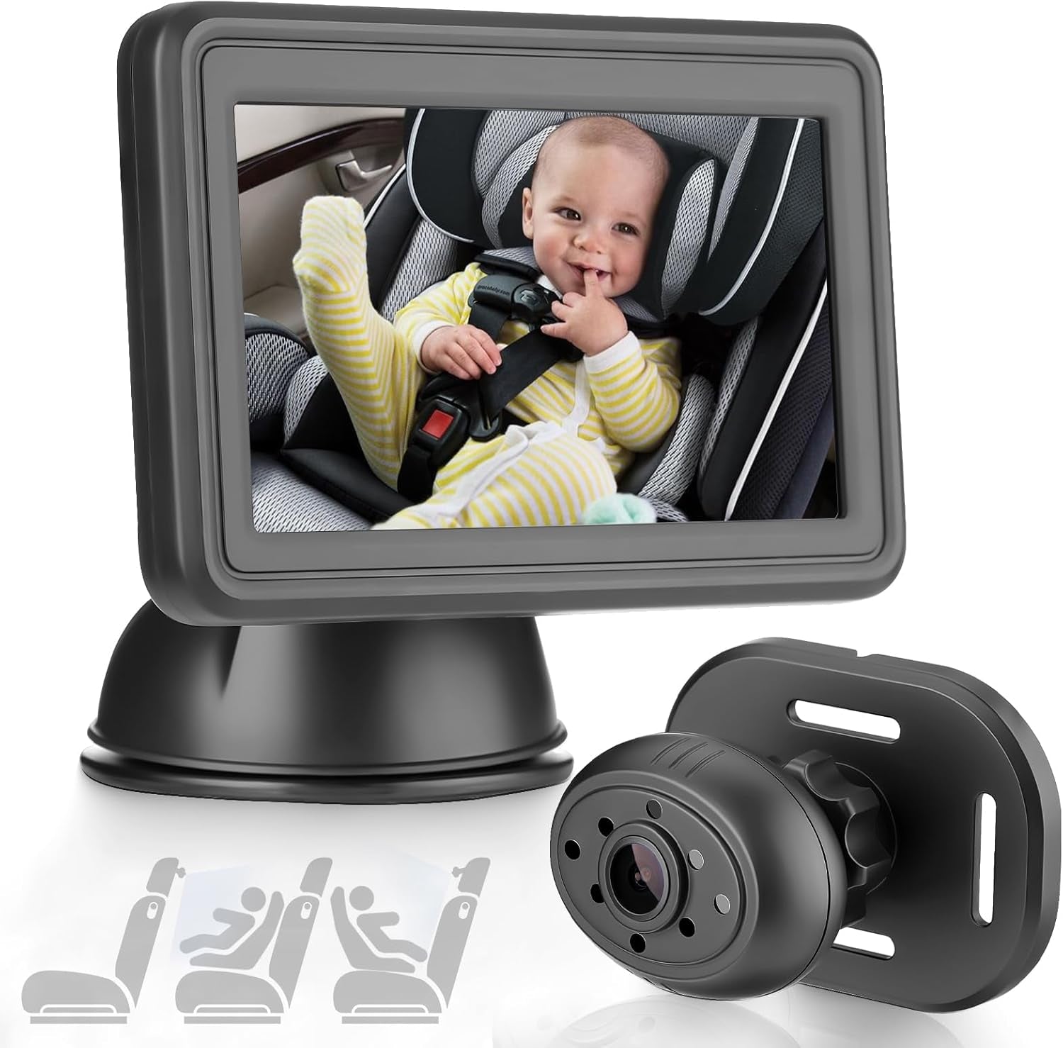 Baby Auto Kamera HD 1080P, 4,3'' Rücksitzkamera Mit Monitor, USB Plug-And-Play, Autospiegelkamera Nachtsicht Auto Spiegel Display Klare Sicht Für Den Rücksitz