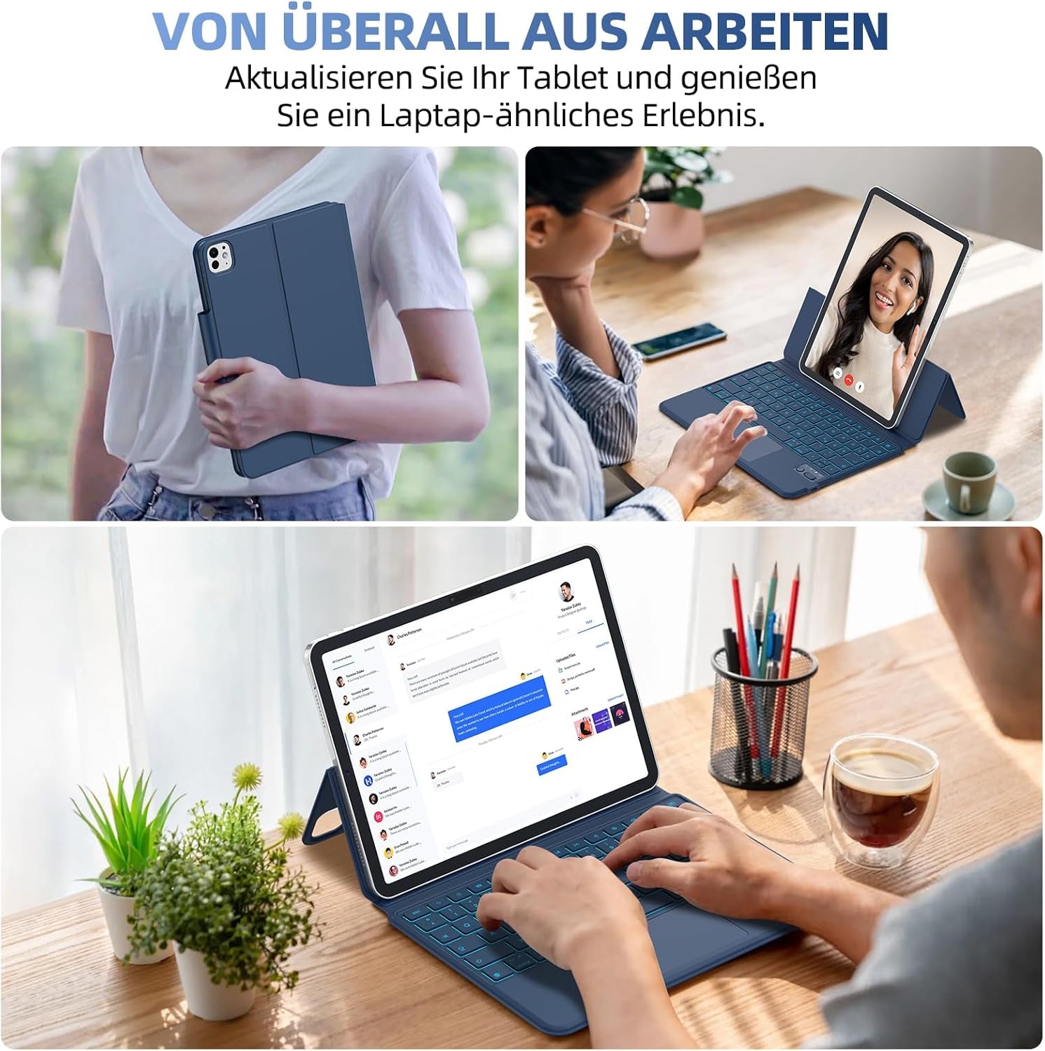 Magnetische Tastatur Hülle Für Ipad Pro 11″(2024 M4),Tastaturhülle Für Ipad Pro 11″ 5.Gen M4,Verstellbares Hoch-/Querformat,Multi-Touch-Trackpad Und 7-Farbige Beleuchtete Tastatur,Qwertz-Blau