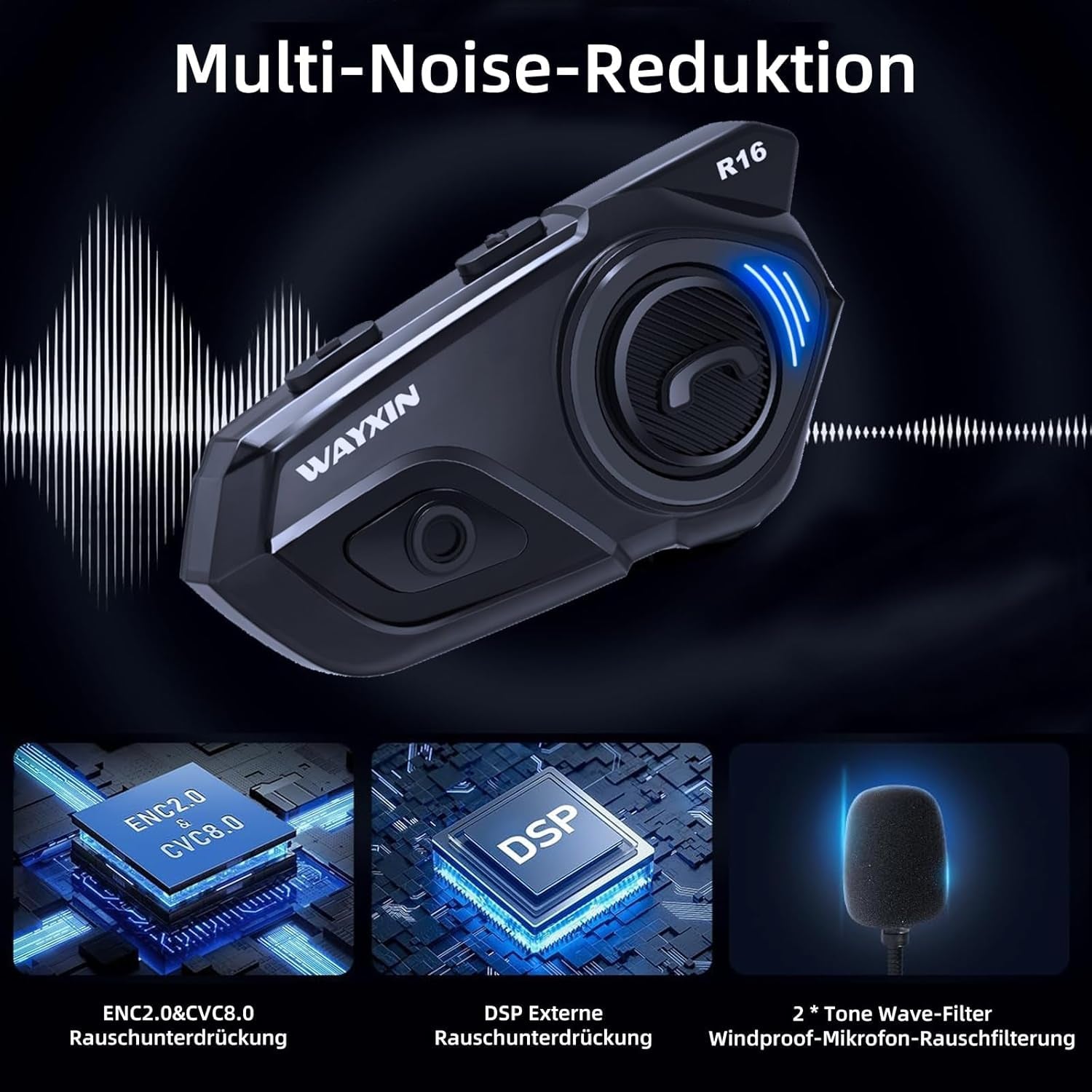 WAYXIN R16 Motorrad Bluetooth Headset –Motorradhelm -Intercom Mit Dual-Chip, Multi-Audio,Ip67 Wasserdicht, Musik Teilen & Fm-Radio, Für 6 Personen-Gruppe – Kompatibel Mit Anderen Marken