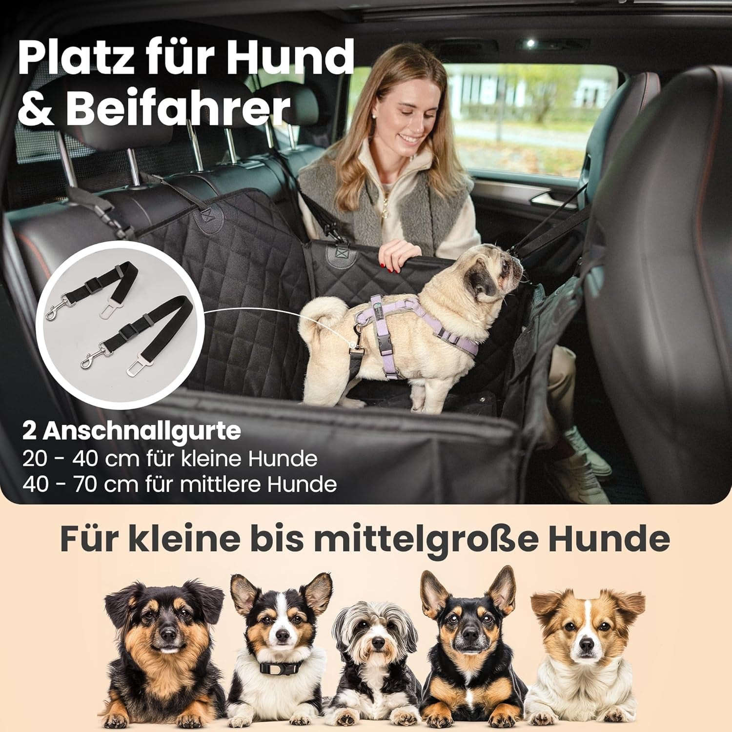 Hunde Autositz Für Rückbank Mit Flauschiger Zusatzdecke - Hundedecke Für Kleine, Mittlere Hunde - Sicherheitsgurte in 2 Versch. Längen - Wasserdicht & Robust