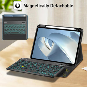 FINTIE Für Ipad Pro 11 Zoll M4 (2024) Hülle Mit Tastatur - Soft TPU Rückseite Schutzhülle Mit Stifthalter, Magnetisch Abnehmbarer QWERTZ Keyboard, 7-Farbige Beleuchtung, Schwarz